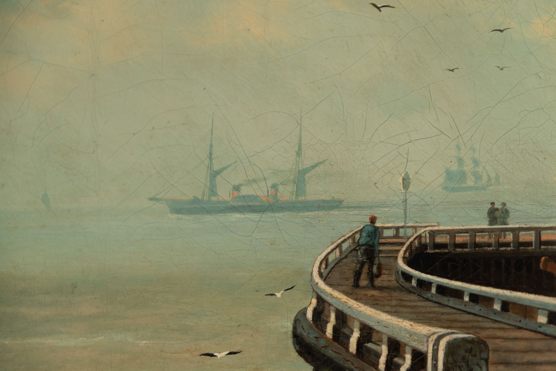 Harbor view, 19th century Belgian school, signed Louis Barnaba 1877 (born 1826) - Image 5 of 6