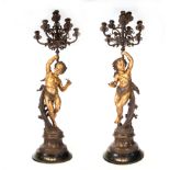 Pair of Large Torchères in the shape of Cherubs in Gilt and Patinated Bronze, 19th century French sc