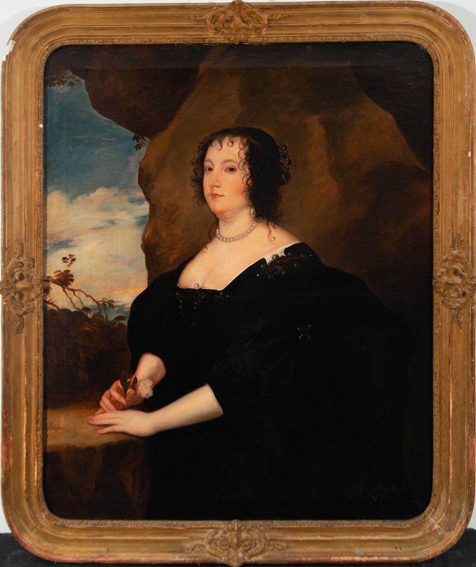 Portrait of Lady with Flower, copy of Anton Van Dyck, signed V. Palmaroli, 19th century Spanish scho