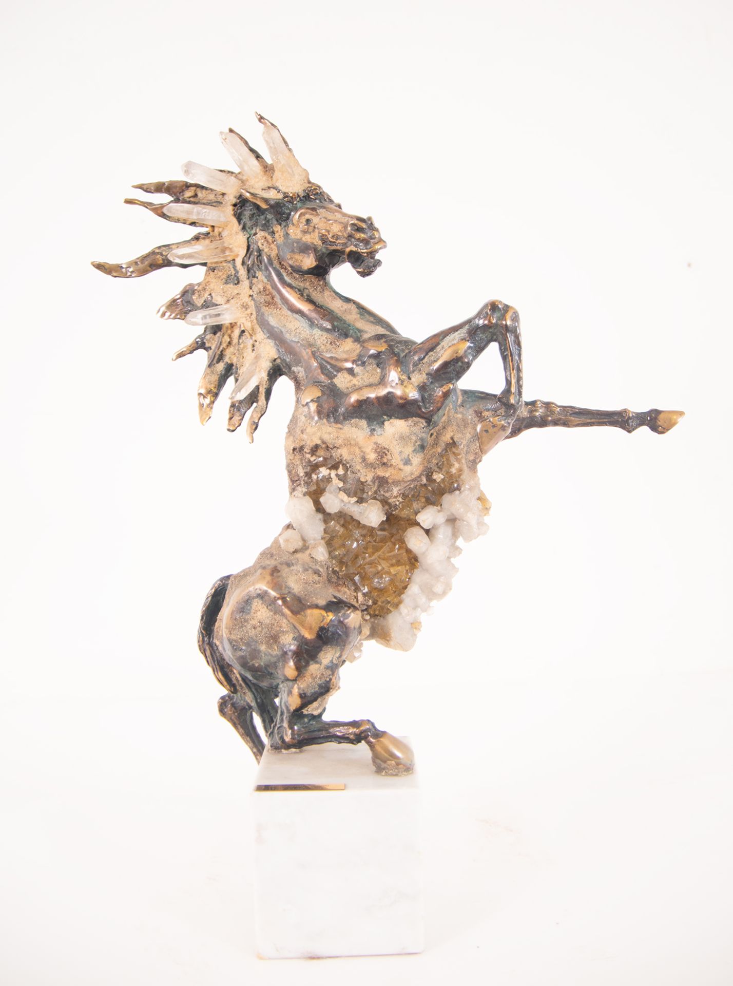 Rampant Horse in Bronze and Rock Crystal, 20th century Spanish school, signed Eduardo Cano, 1984