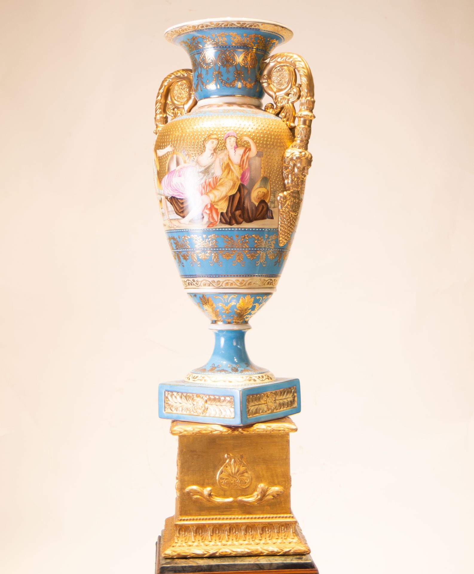 Elegant Large Pair of Old Paris Porcelain Cups on Wood and Gilt Bronze Marquetry Bases, Napoleon III - Image 14 of 14