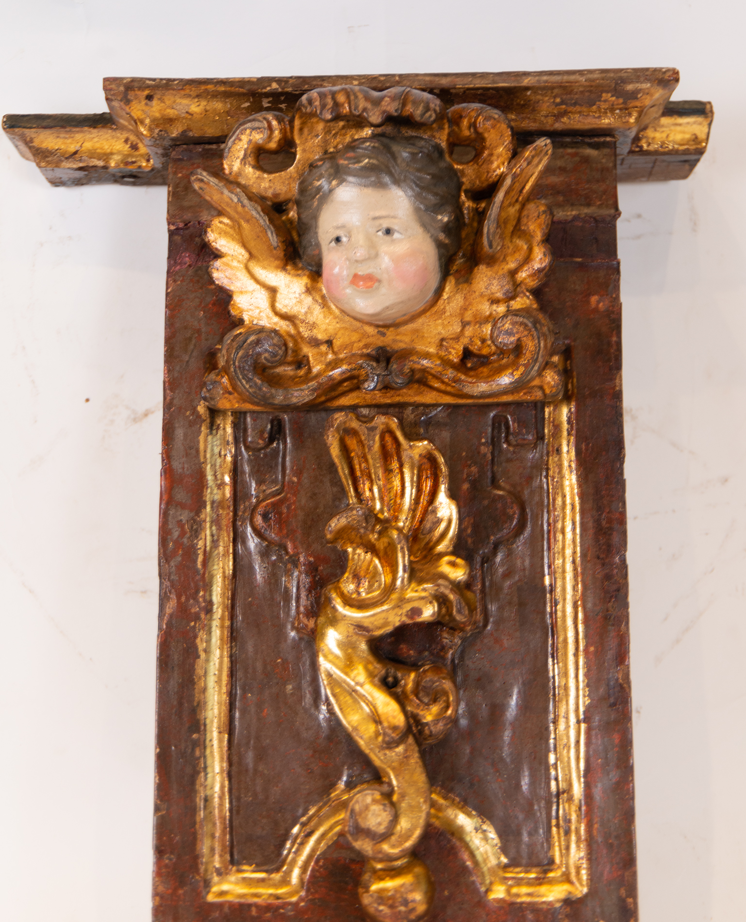 Pair of Portuguese Wall Corbels with Angels in gilt and polychrome Wood, Portuguese school of the 16 - Bild 3 aus 11