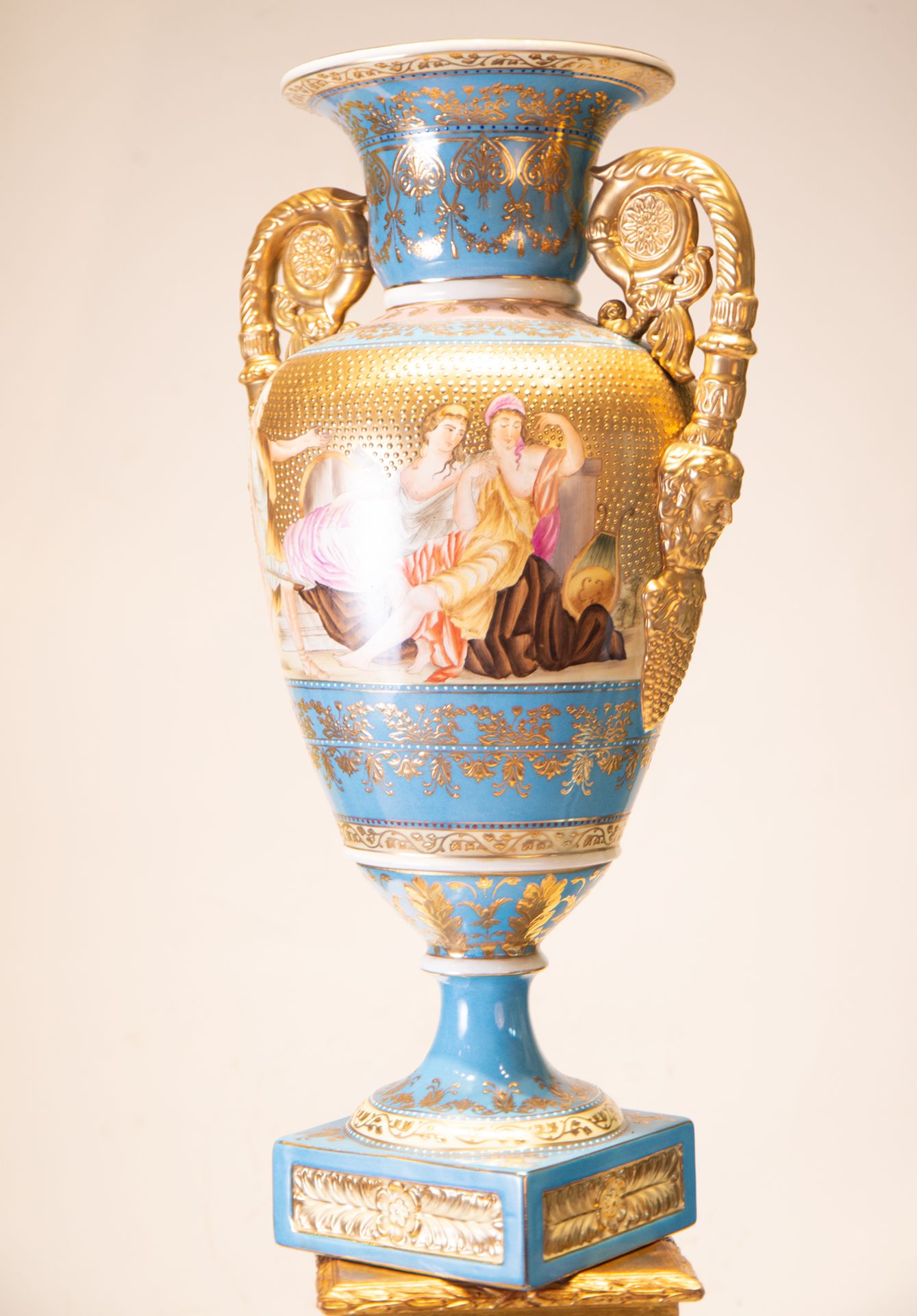 Elegant Large Pair of Old Paris Porcelain Cups on Wood and Gilt Bronze Marquetry Bases, Napoleon III - Image 6 of 14
