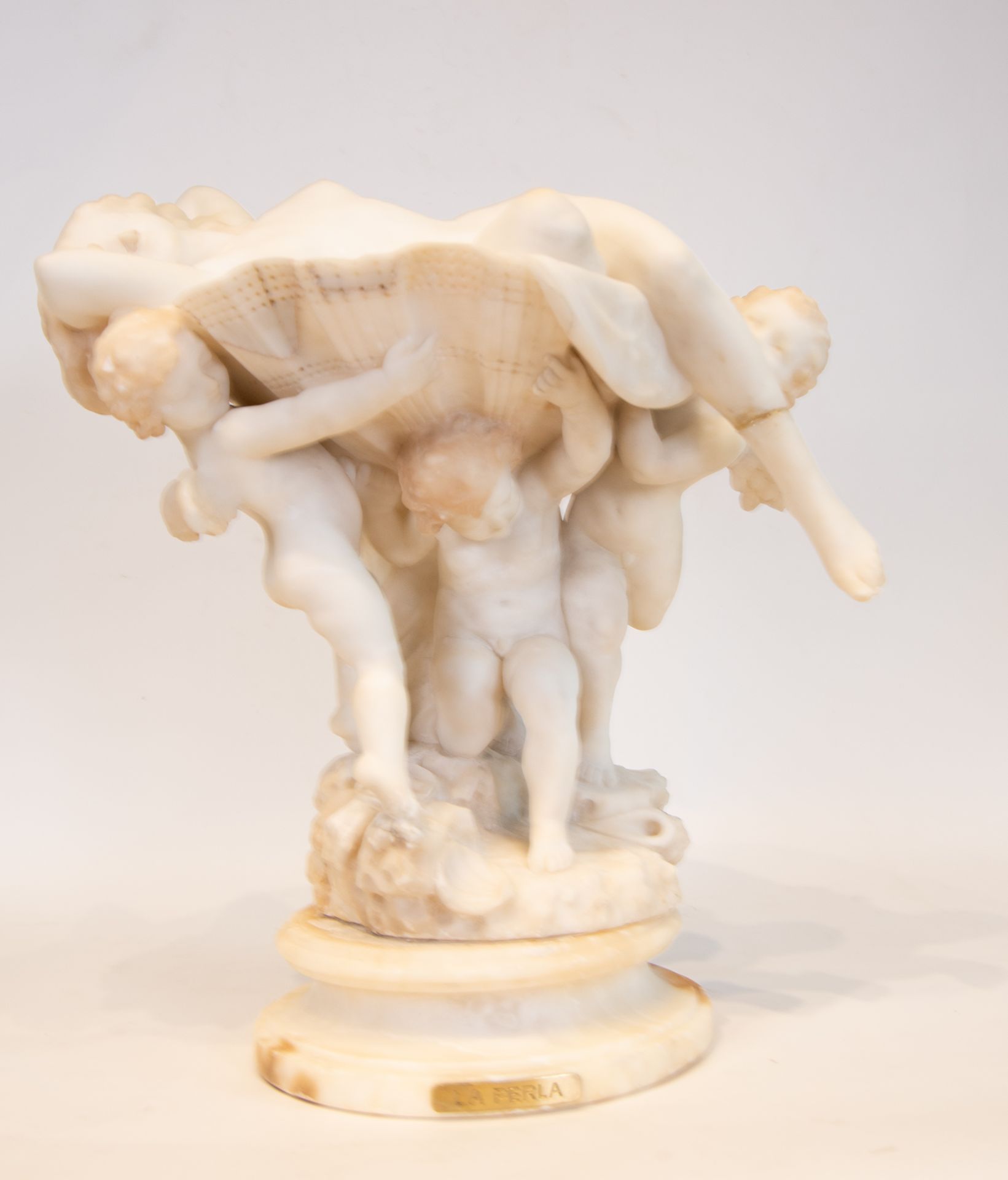 Elegant Alabaster centerpiece representing Cherubs holding an Oyster with a Lady inside, European sc