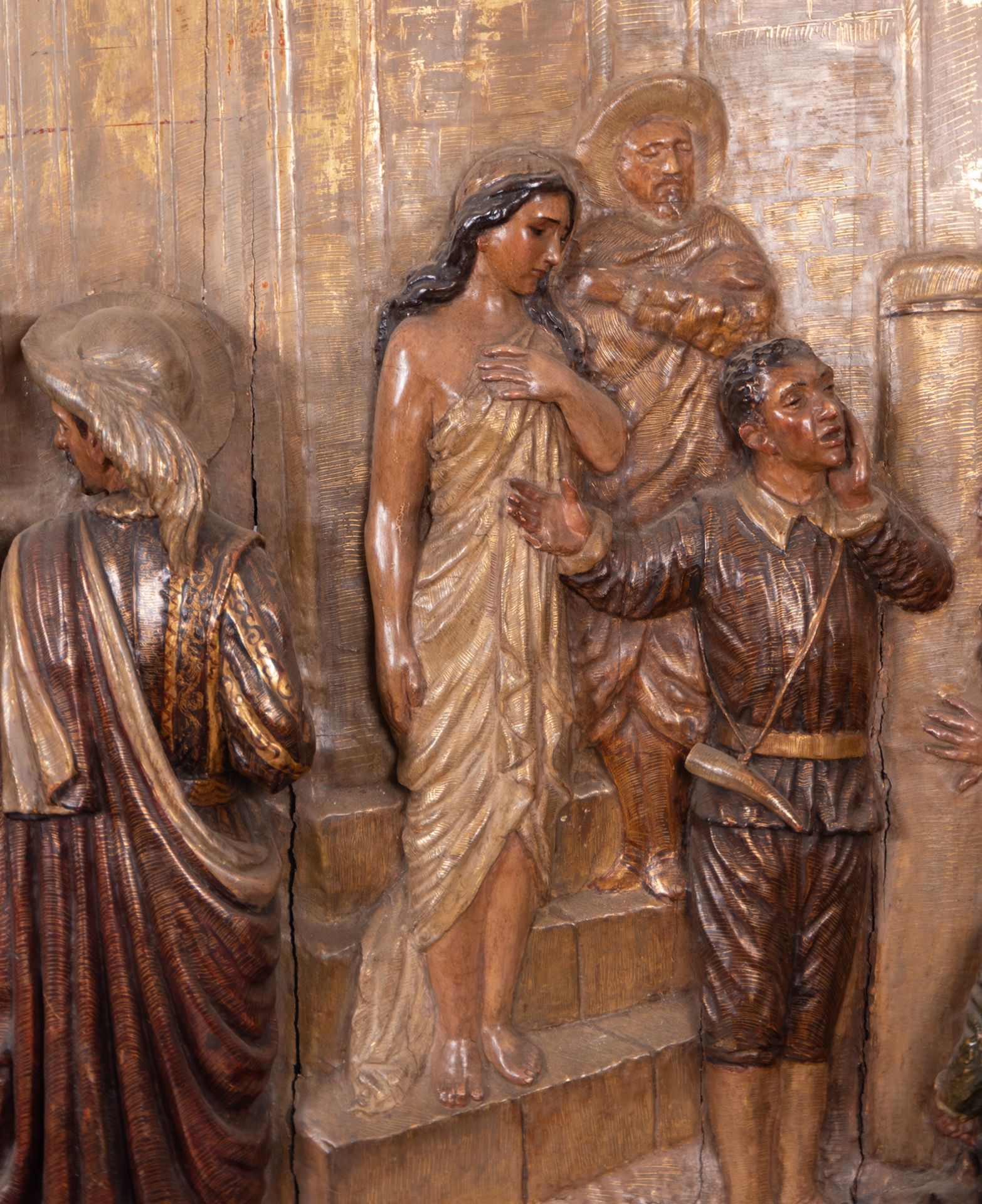 Relief in Polychrome Wood representing the sale of a Slave at the doors of the Cathedral of Seville, - Image 3 of 8
