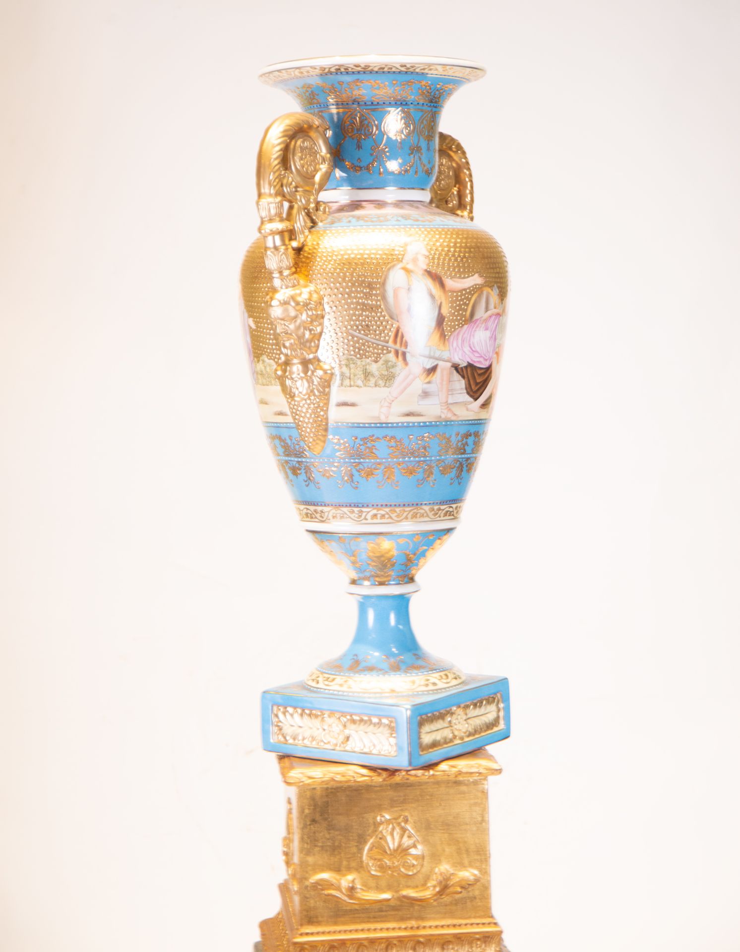Elegant Large Pair of Old Paris Porcelain Cups on Wood and Gilt Bronze Marquetry Bases, Napoleon III - Image 8 of 14