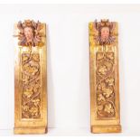 Pair of Altar Sconces in gilded wood with Vine Branch motifs and topped by Angelote heads, Spanish R