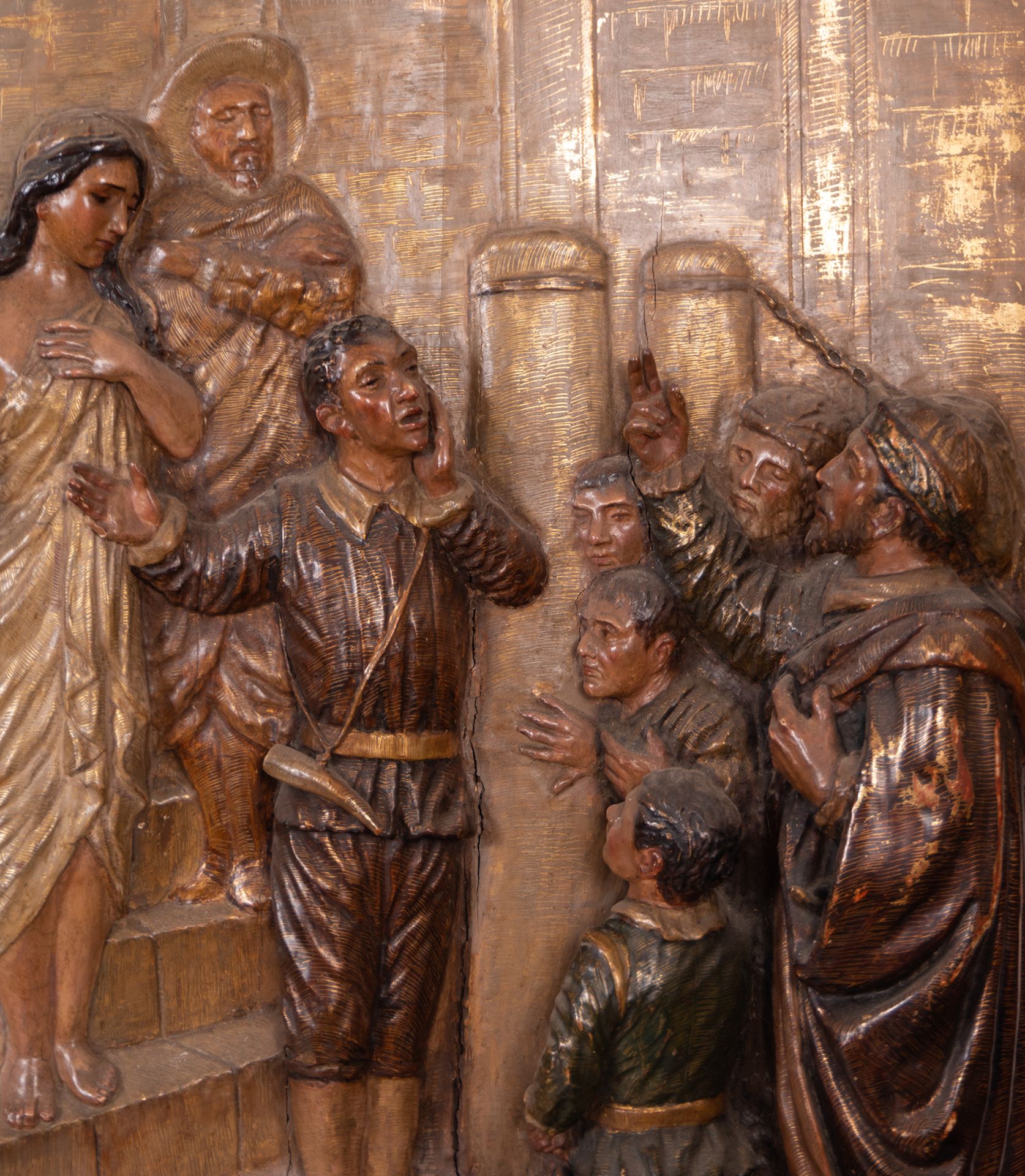 Relief in Polychrome Wood representing the sale of a Slave at the doors of the Cathedral of Seville, - Image 2 of 8