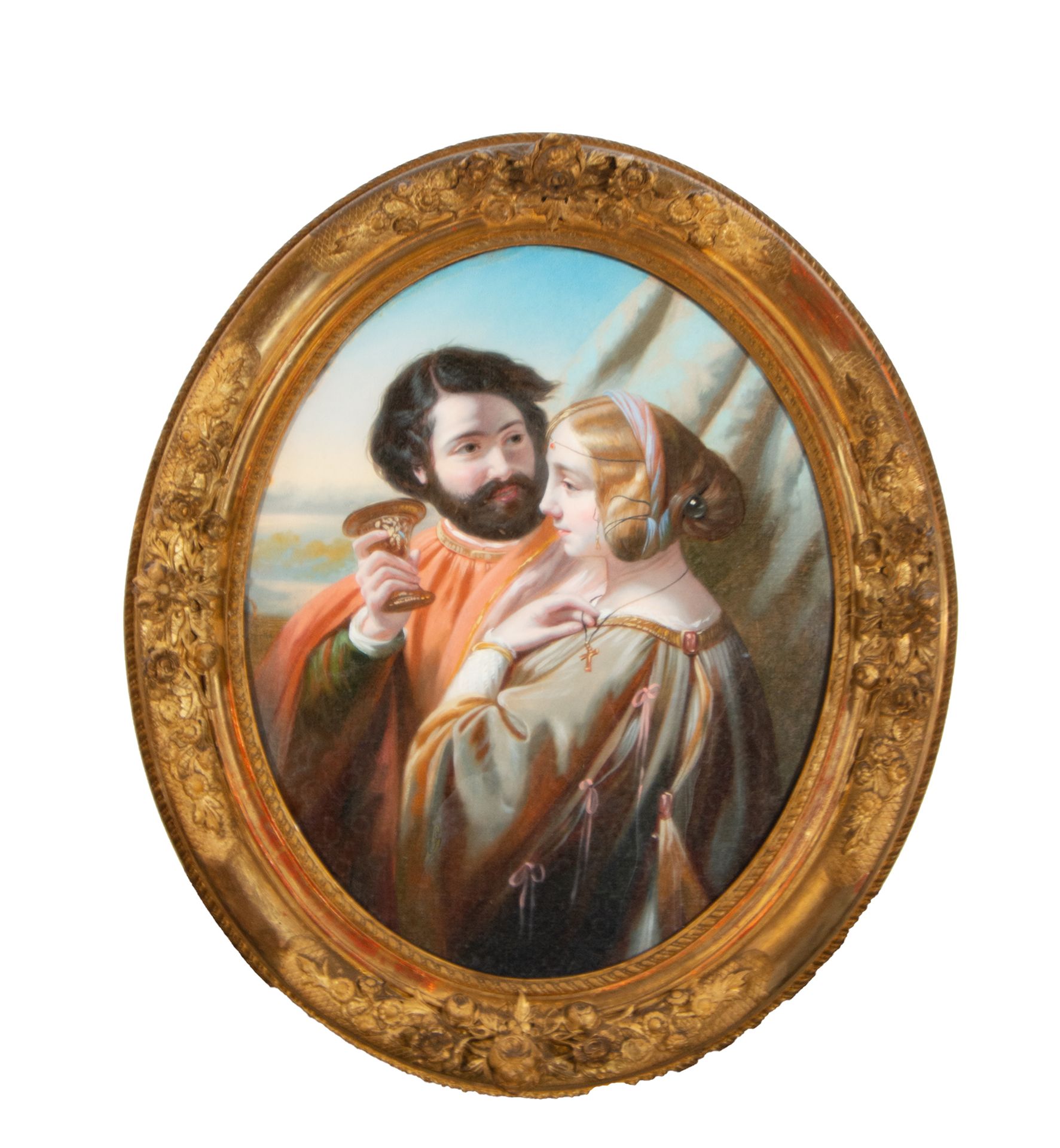 Pair of Ovals in Painted Glass representing Romantic Scenes, French romanticist school of the 19th c - Bild 2 aus 3