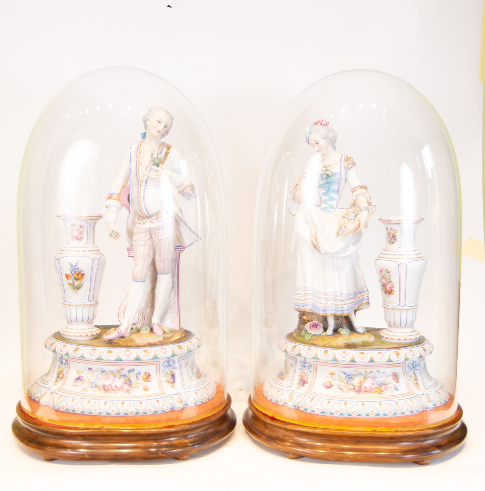 Large Pair of Figures in German Biscuit Porcelain with Crystal lanterns, German school of the 19th c
