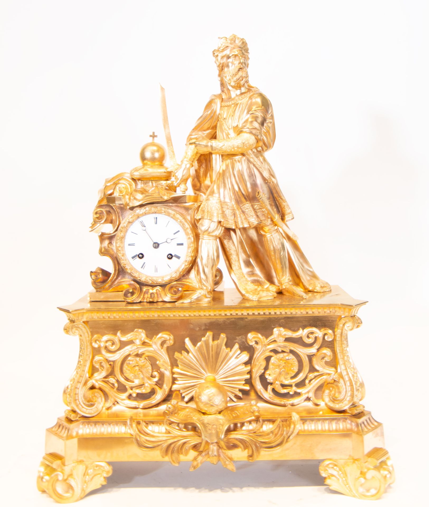 Gilt bronze clock depicting the Emperor Charlemagne, 19th century French school