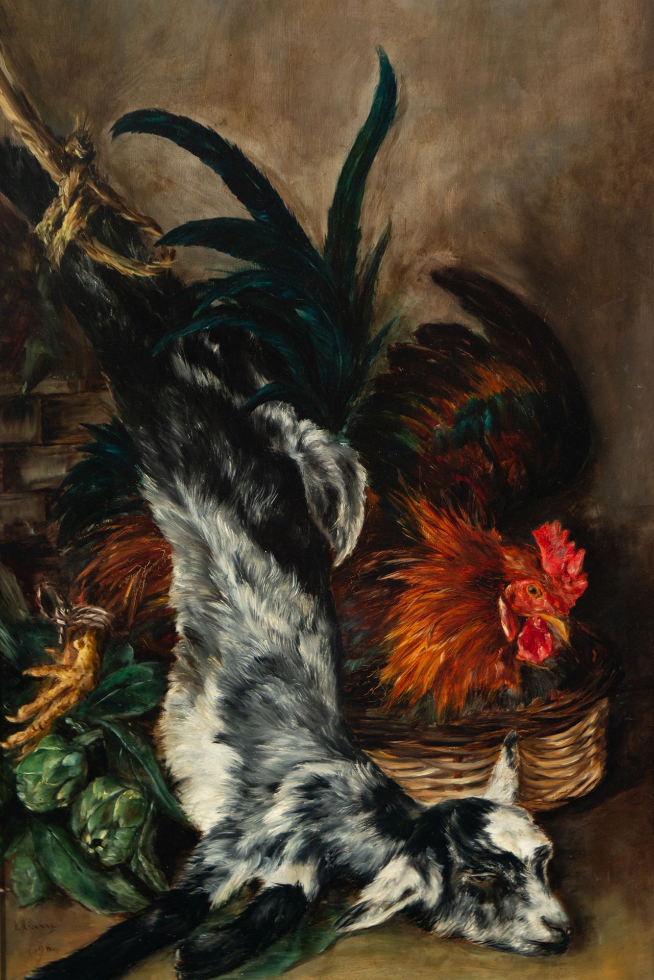 Still Life with Rooster, Ram and Vegetables, signed V. Garré 1898 - Image 2 of 7