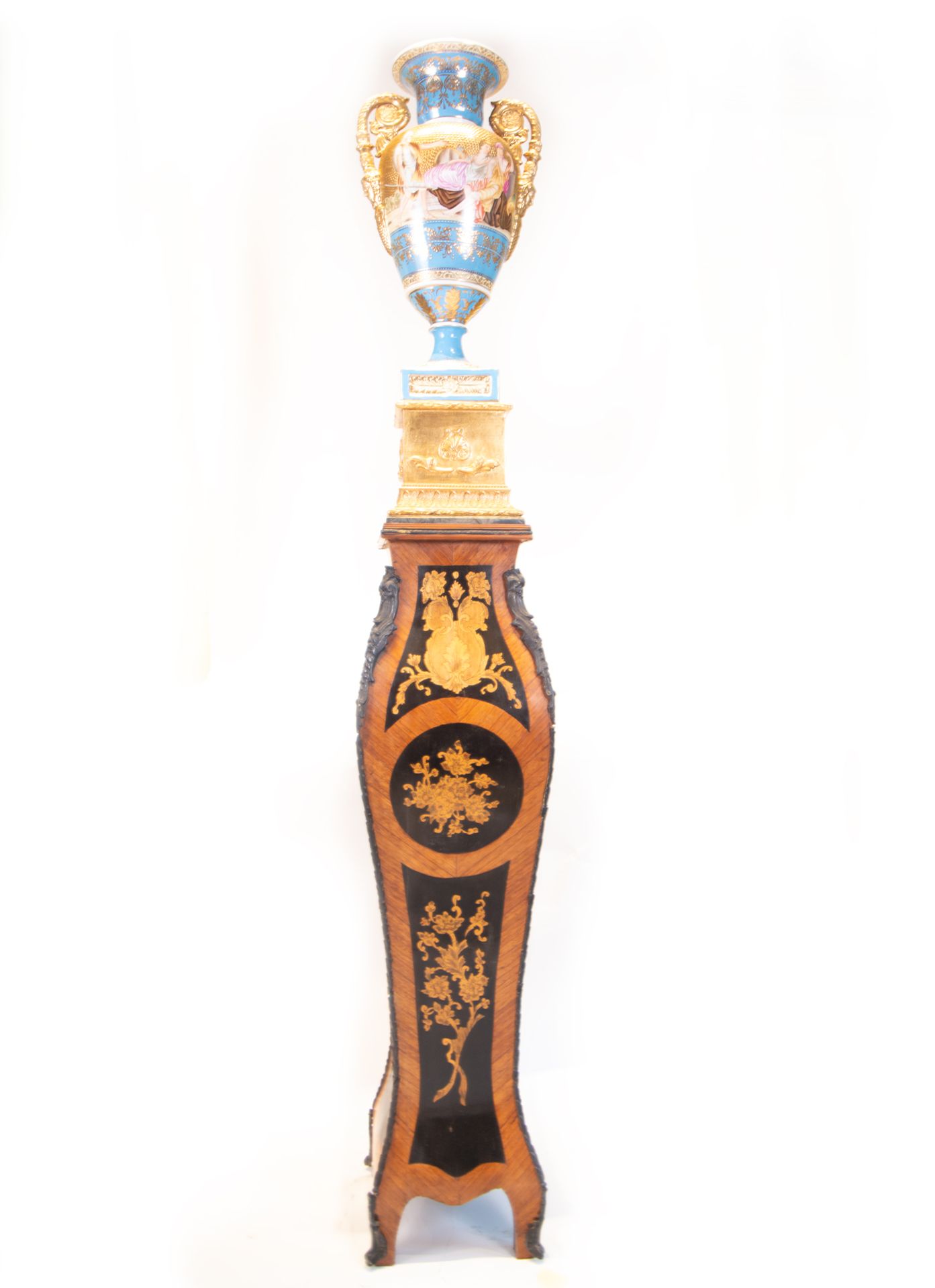 Elegant Large Pair of Old Paris Porcelain Cups on Wood and Gilt Bronze Marquetry Bases, Napoleon III - Image 2 of 14