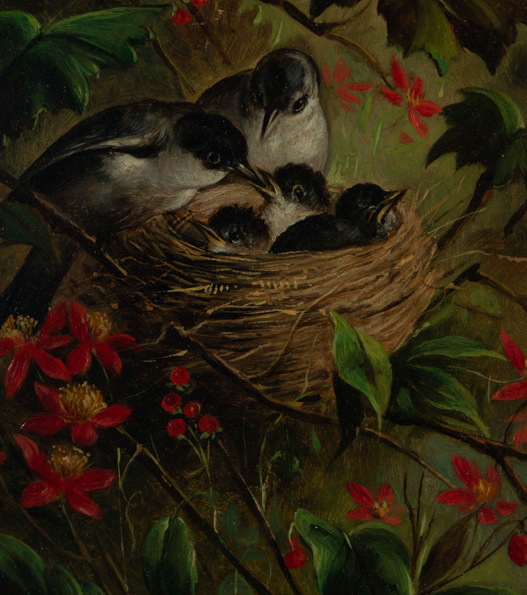 Pair of Oils on panel of Birds in a Nest, French school of the 19th century, signed V. Latour - Image 3 of 10
