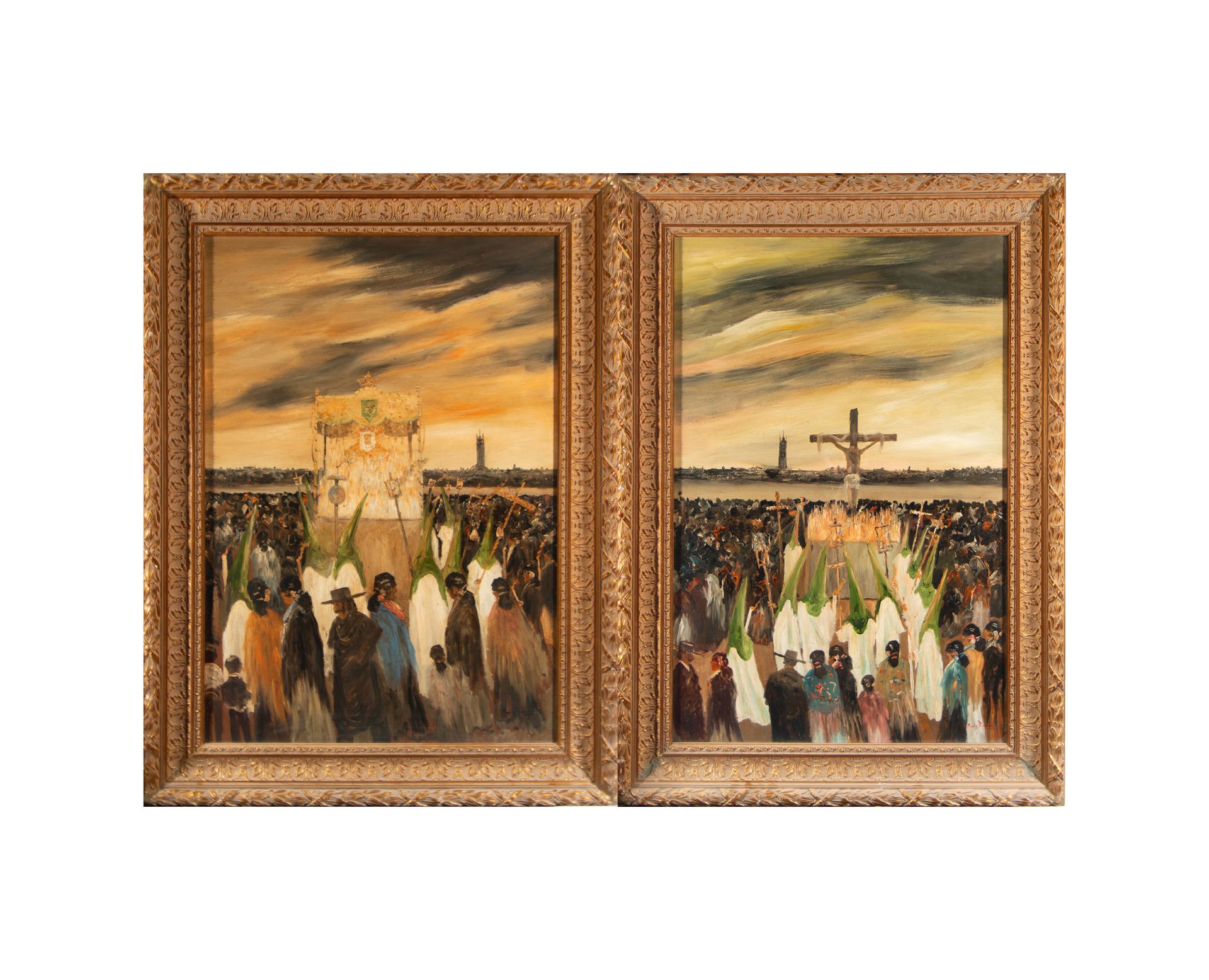 Pair of Holy Week processions, 20th century Spanish school, signed María Ramos