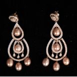 Pair of Detachable Teardrop Earrings in White Gold, Pearls and Diamonds