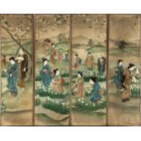 Exquisite lot of four hand-painted Japanese Silk Panels depicting Spring, Japan, Edo Period, 18th -