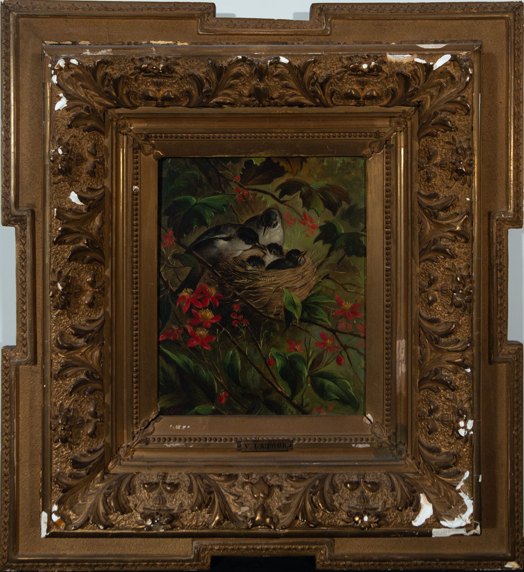 Pair of Oils on panel of Birds in a Nest, French school of the 19th century, signed V. Latour - Image 2 of 10