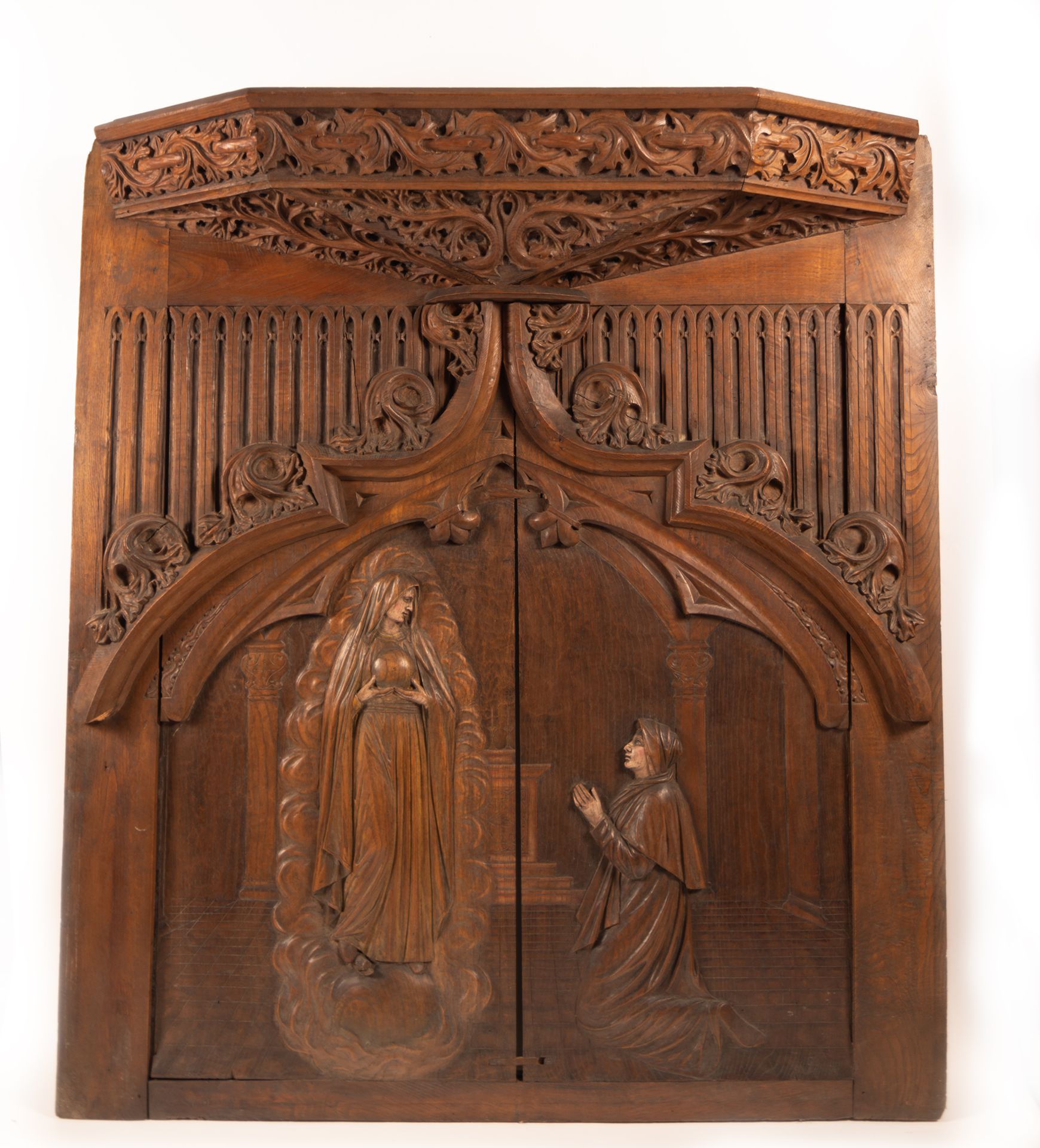 Virgin appearing to a Franciscan Monk, Neo-Gothic Relief in Oak, French school XIX century - Image 2 of 9
