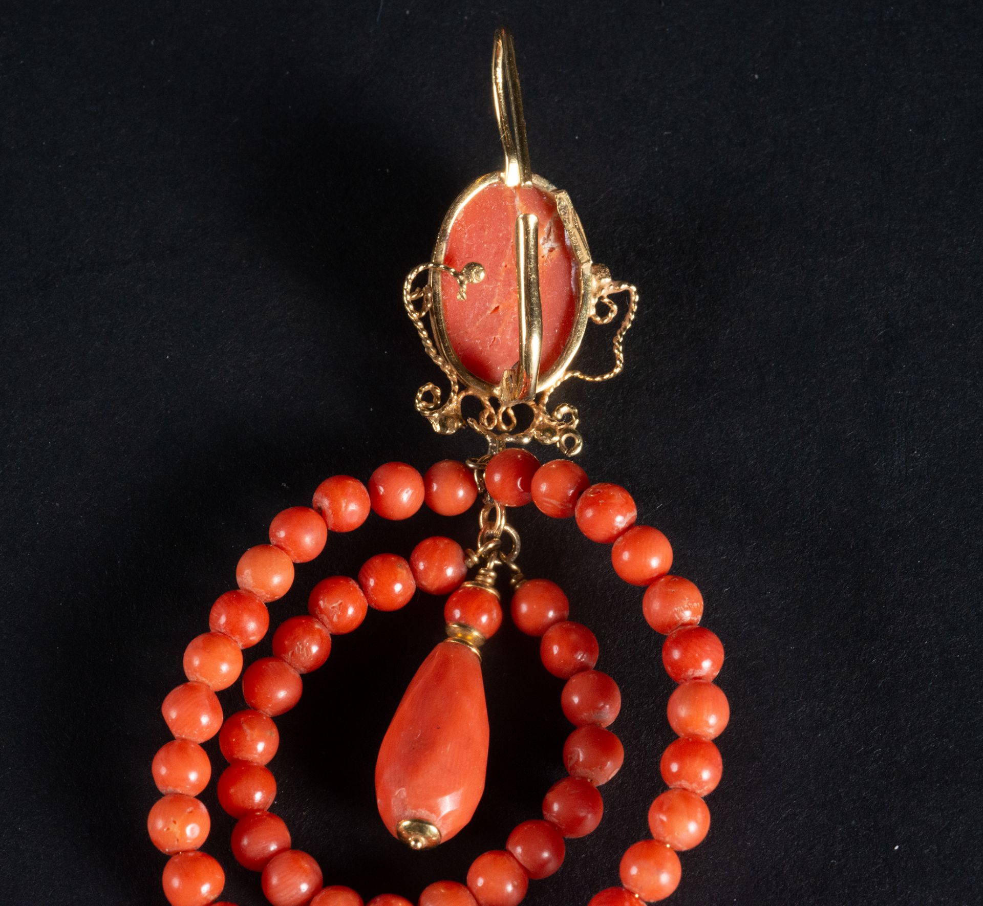 Large pair of 18k gold mounted red coral cameo and bead earrings, late 19th century - Image 3 of 3