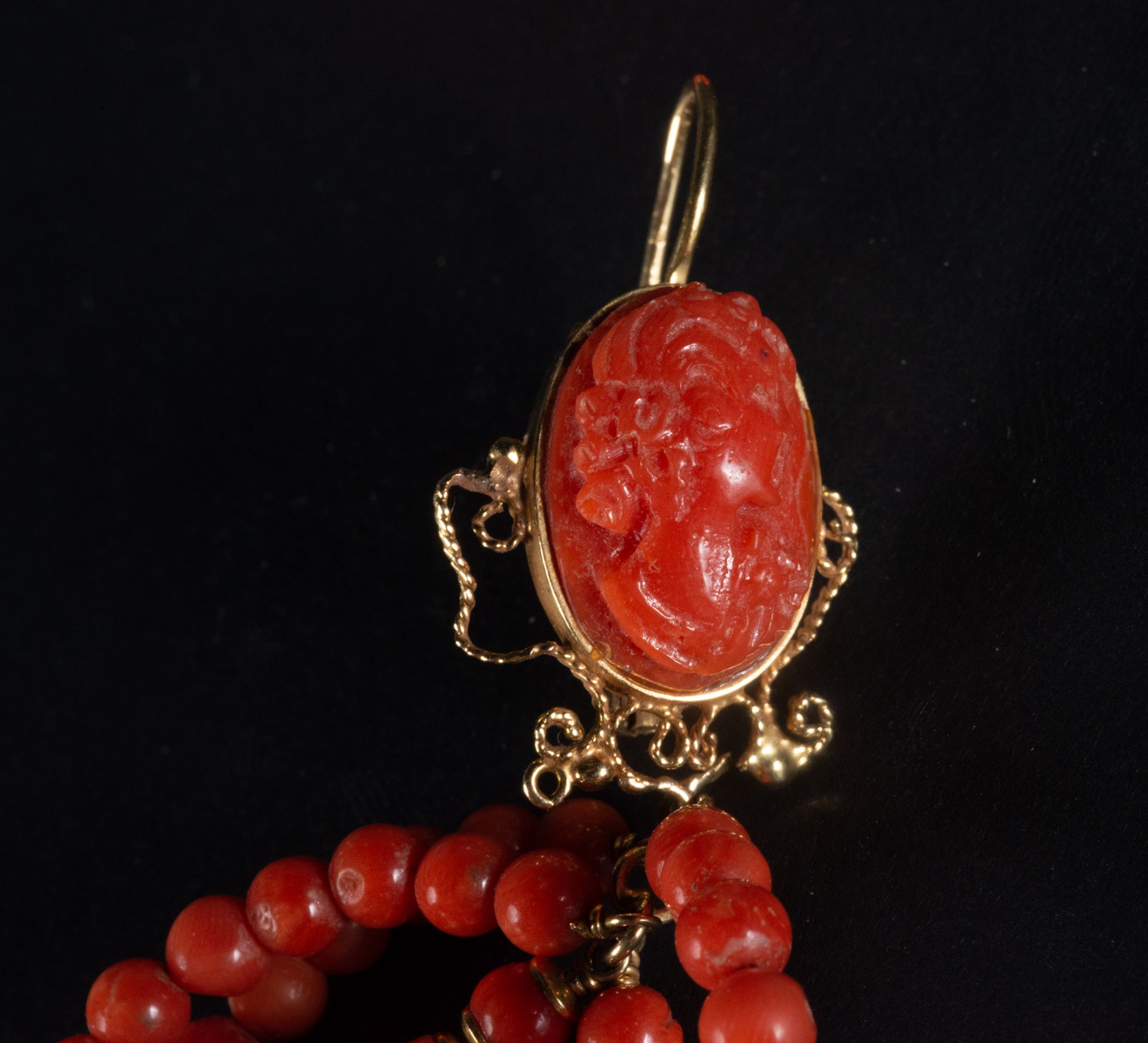 Large pair of 18k gold mounted red coral cameo and bead earrings, late 19th century - Image 2 of 3