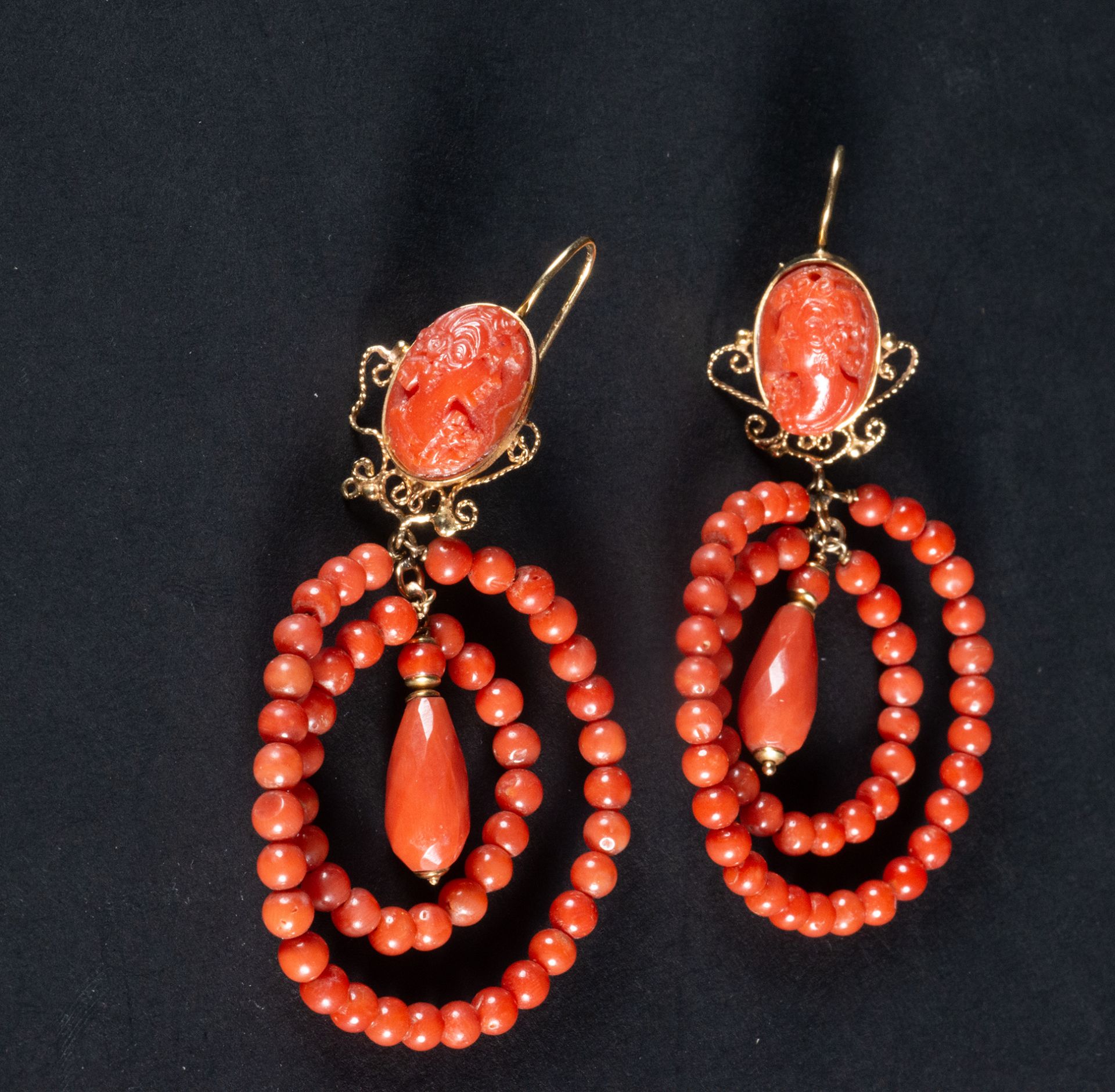 Large pair of 18k gold mounted red coral cameo and bead earrings, late 19th century