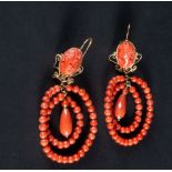 Large pair of 18k gold mounted red coral cameo and bead earrings, late 19th century