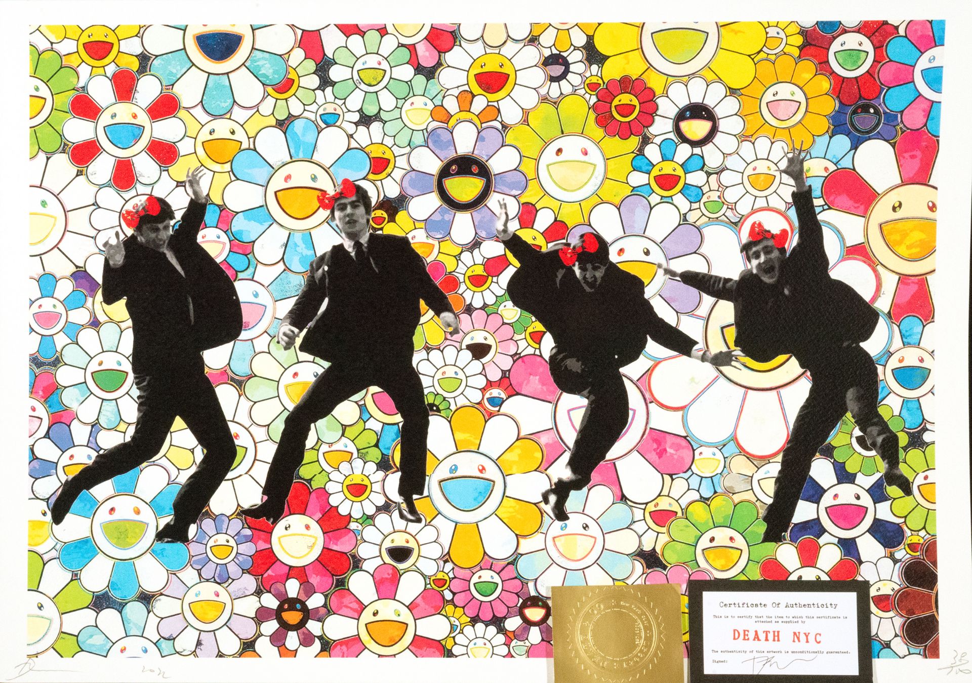 "BEATLES ON MURAKAMI BACKGROUND", screenprint by Death NY, series 80/100, year 2012