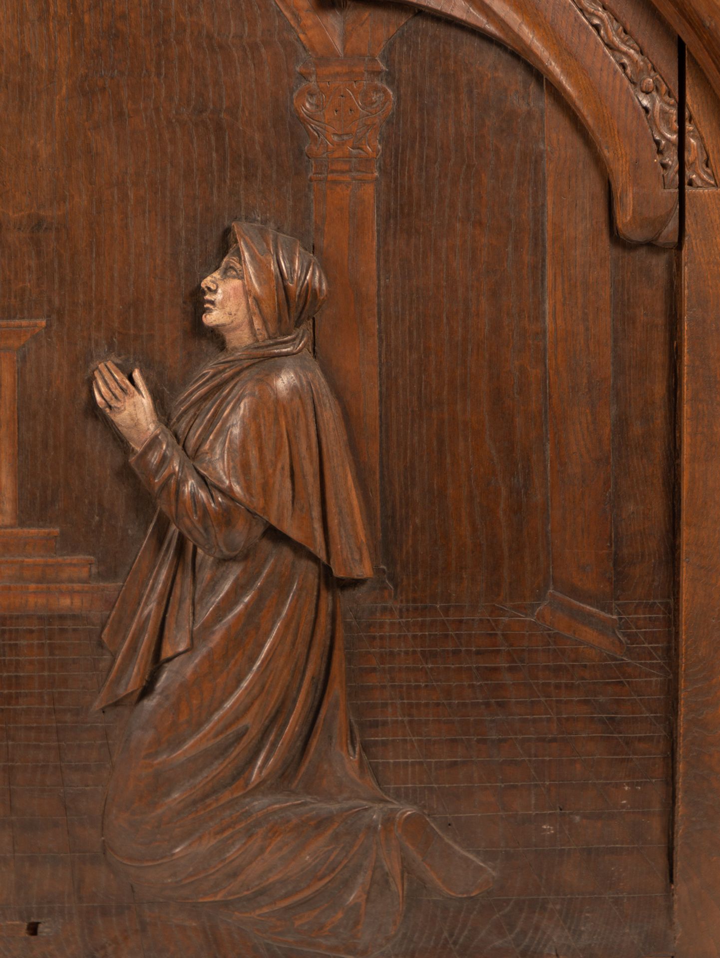 Virgin appearing to a Franciscan Monk, Neo-Gothic Relief in Oak, French school XIX century - Image 3 of 9