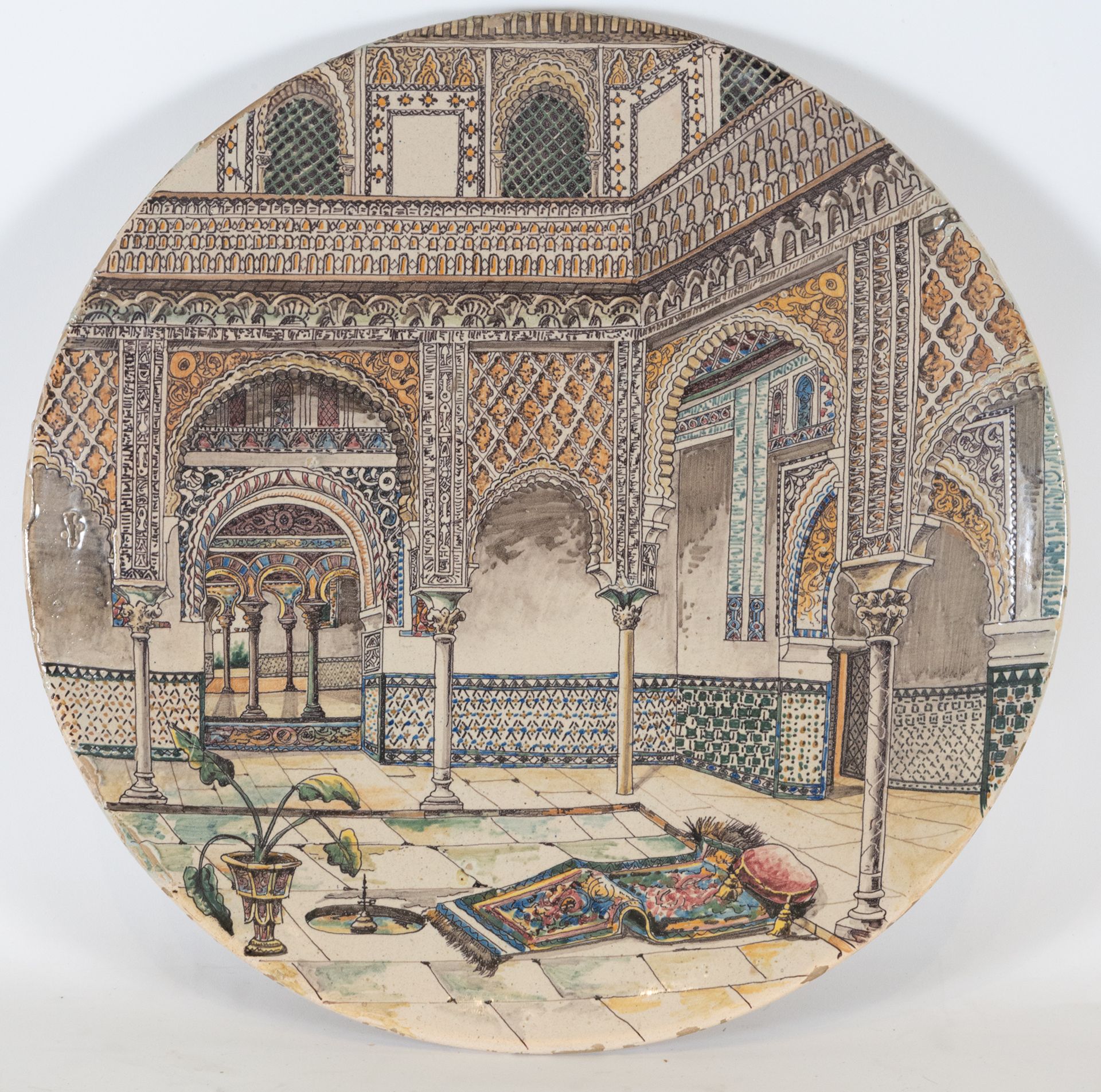 Arab courtyard, enameled ceramic plate, 19th century