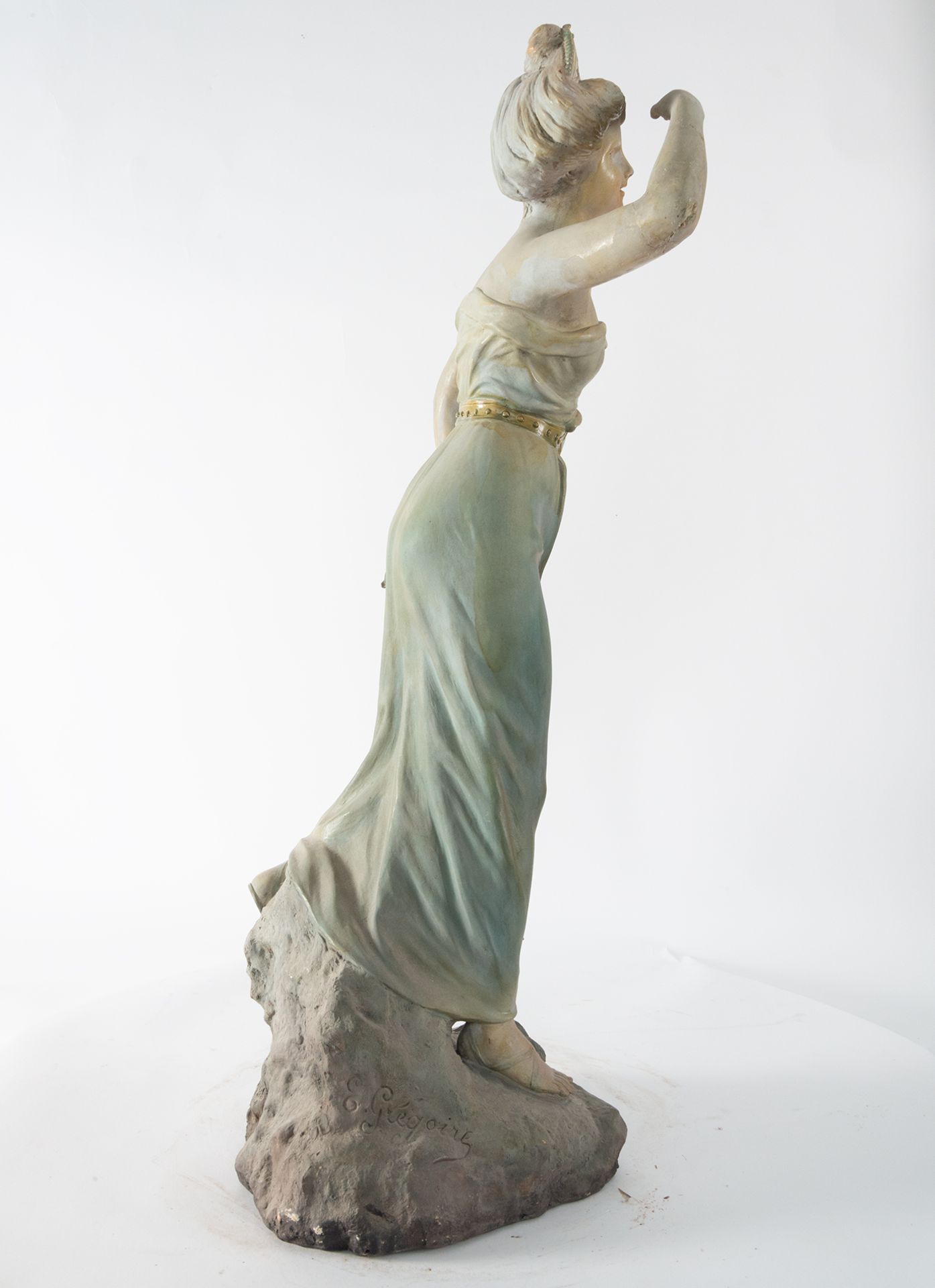 Diana the Huntress, Art Nouveau sculpture in glazed ceramic signed F. Gregoire, 20th century French  - Image 3 of 4