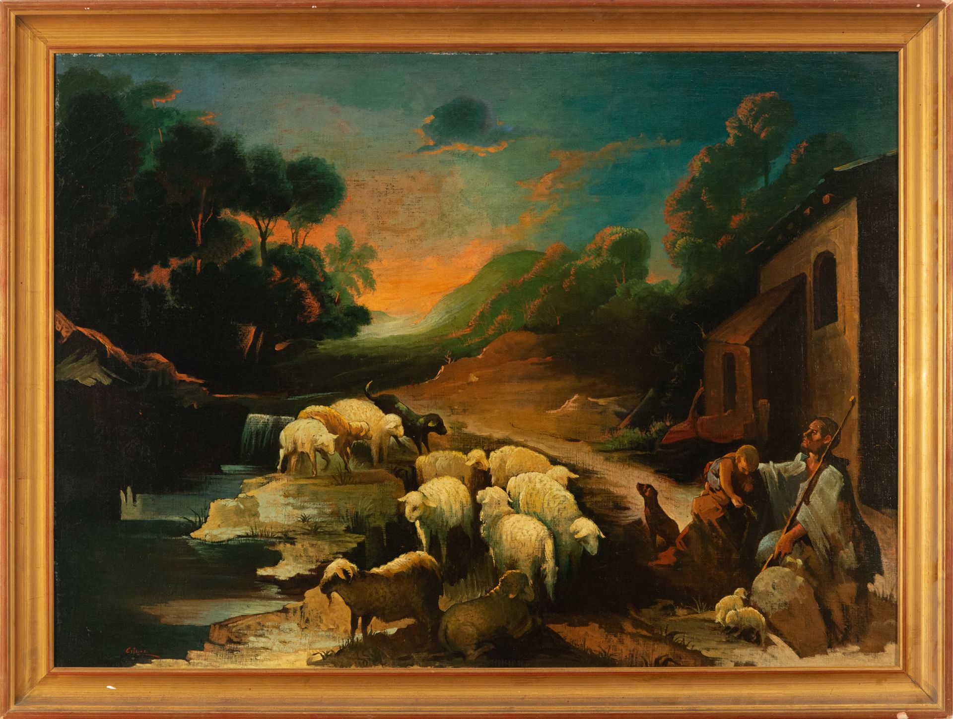 Pastors Next to the Sheep, Spanish school of the 20th century, signed Esteve