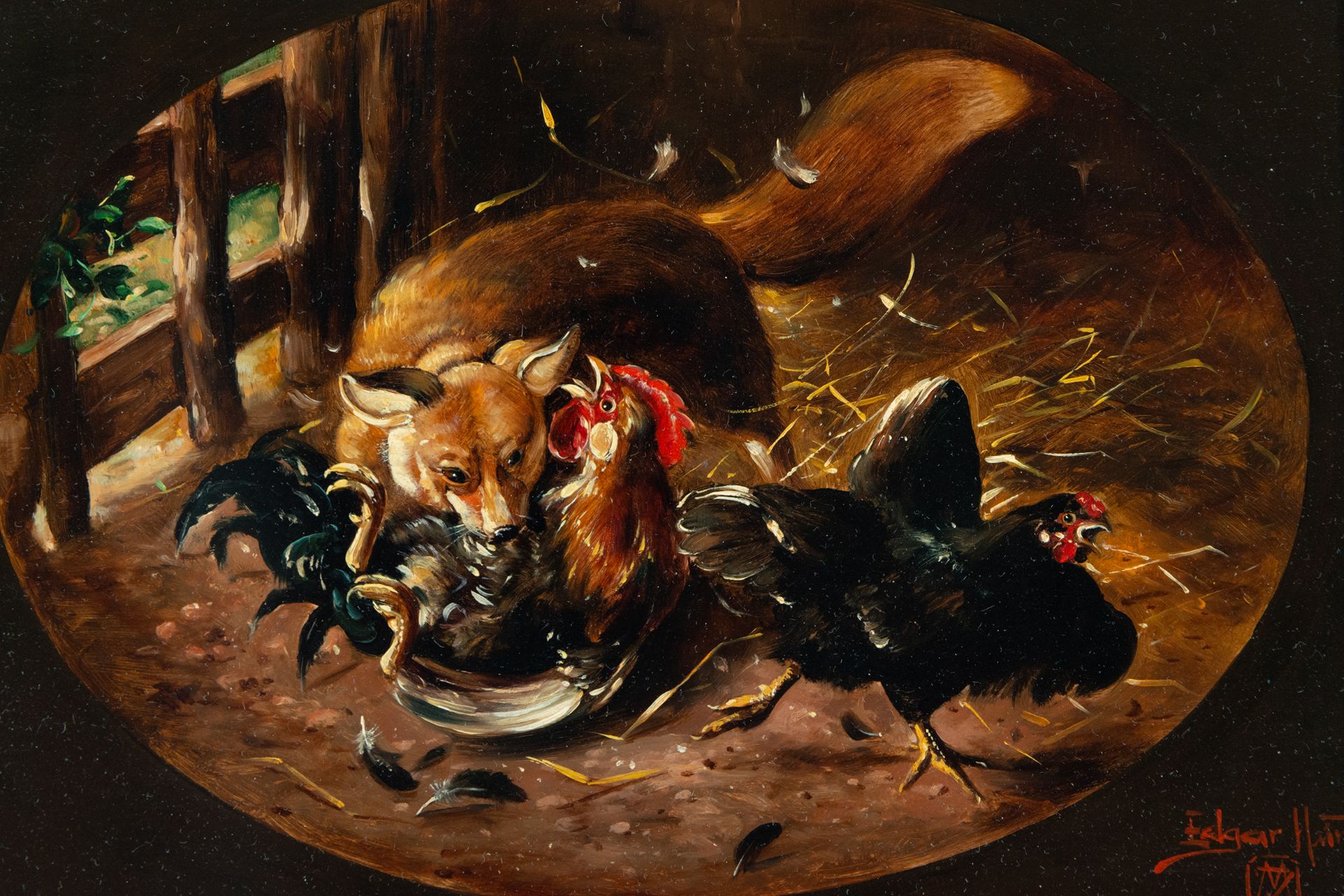 Fox eating Chickens, signed Edgar Hunt, 19th century English school - Image 2 of 6