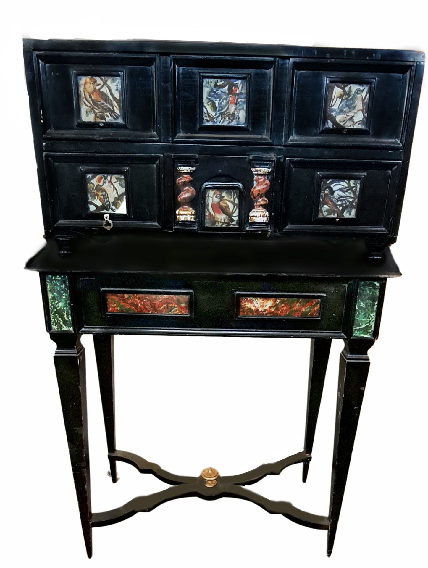 Elegant Neapolitan Bargue–o in ebonized wood, hard stones and painted glass, 18th century