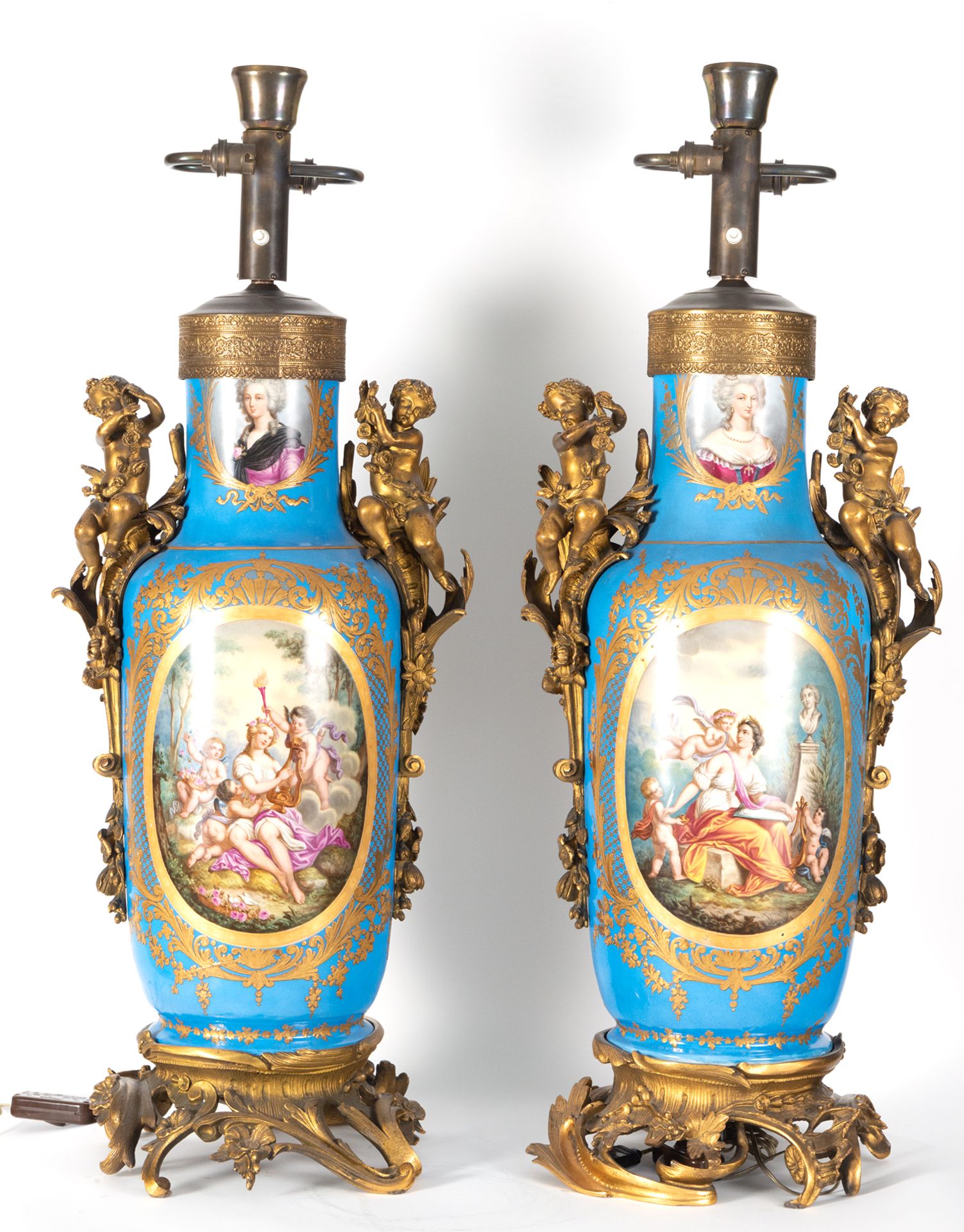 Important Large pair of "bleu celeste" Svres Vases mounted on lamps, French school of the 19th cent