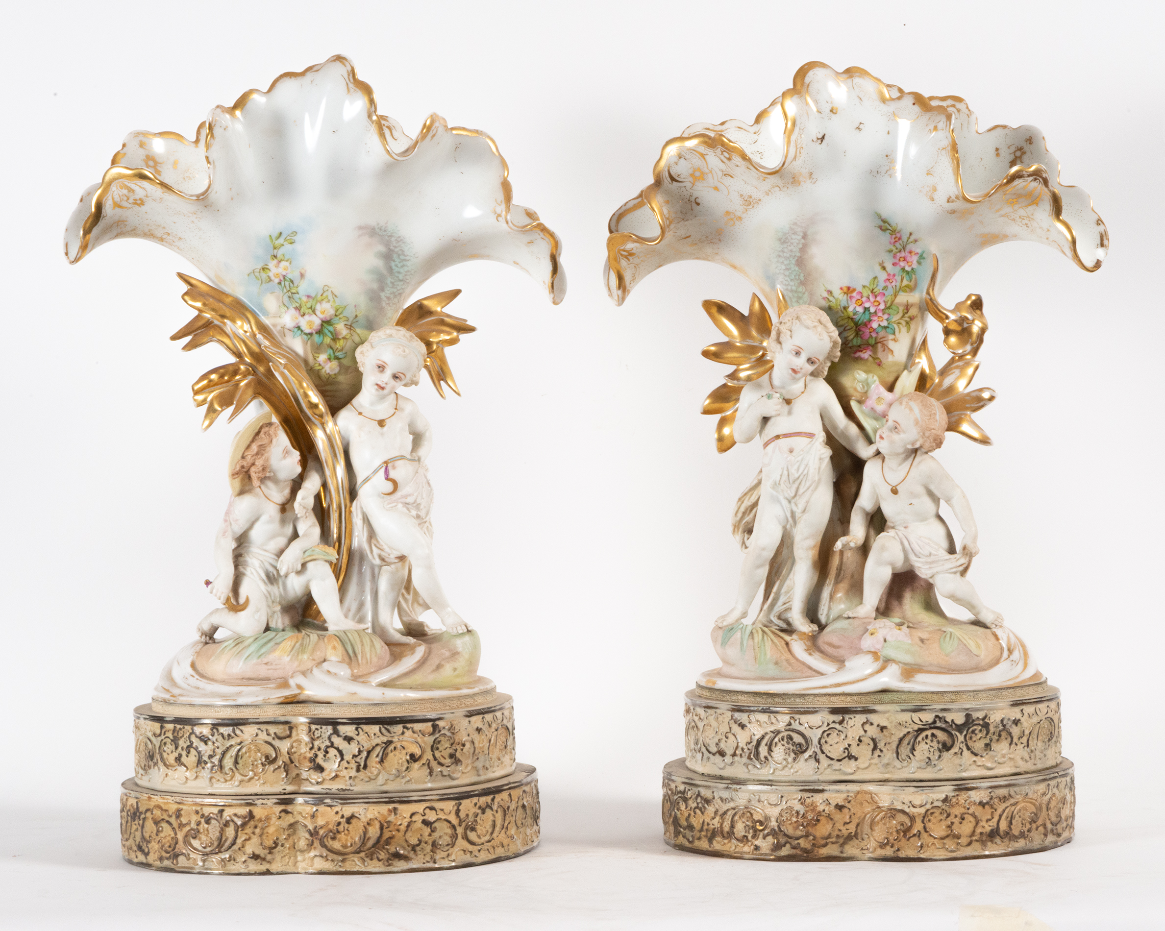 Pair of Vases with Little Shepherds in glazed biscuit porcelain, 19th century