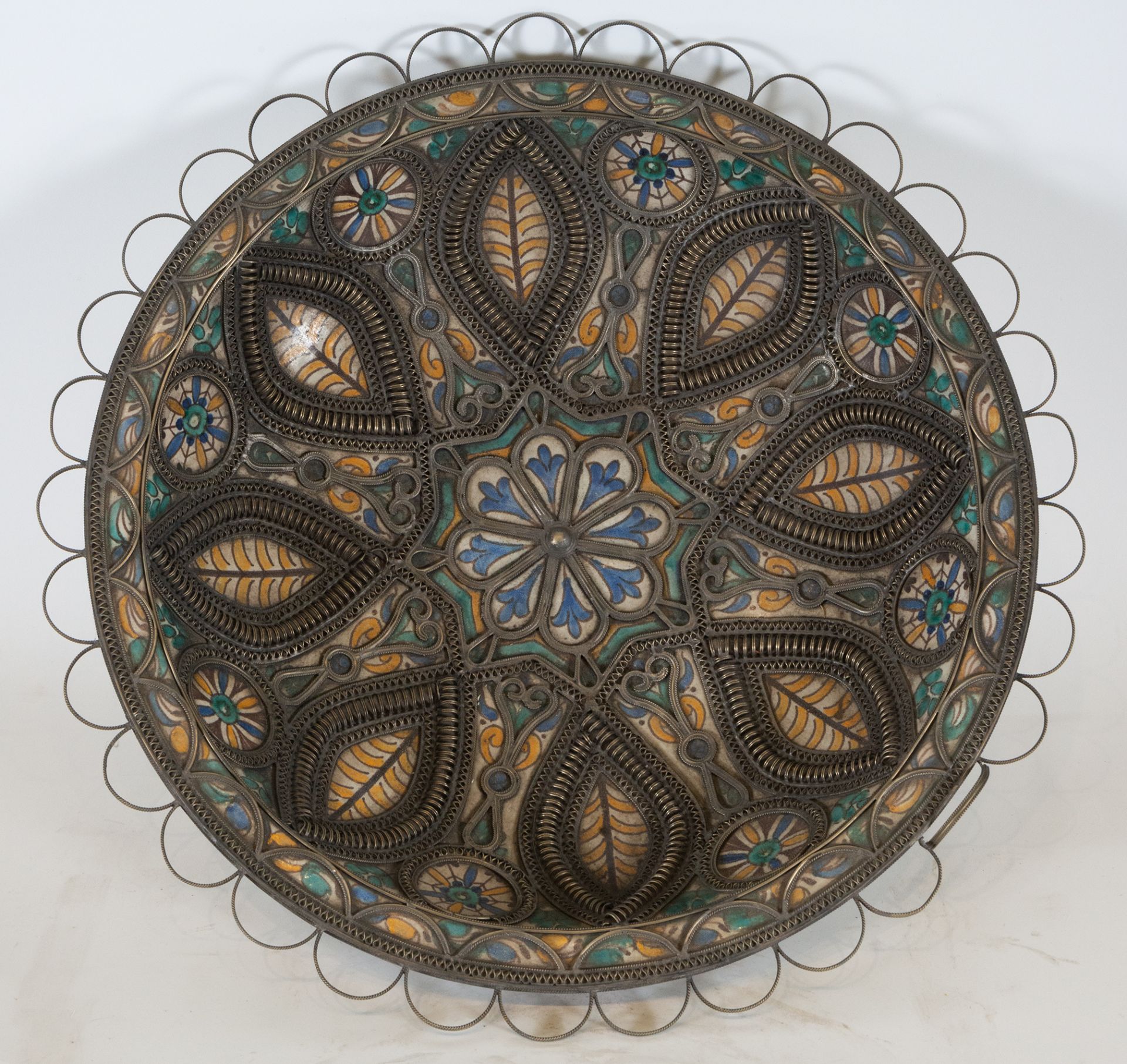 Moroccan plate (Ceramic of Fez) mounted in silver filigree, 19th century