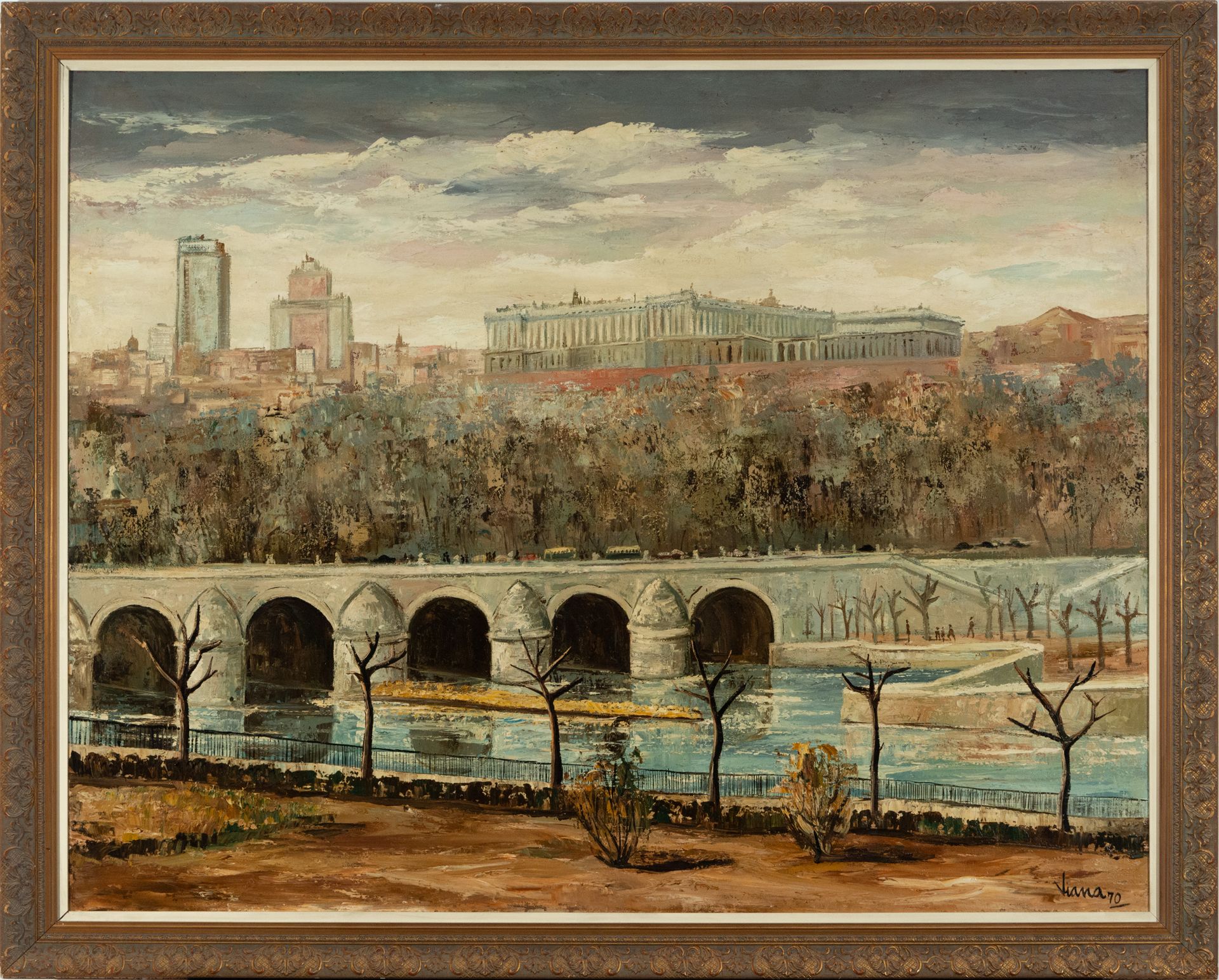 View of the Segovia Bridge, Madrid, signed and dated Antonio Santos Viana, 1970, 20th century Spanis