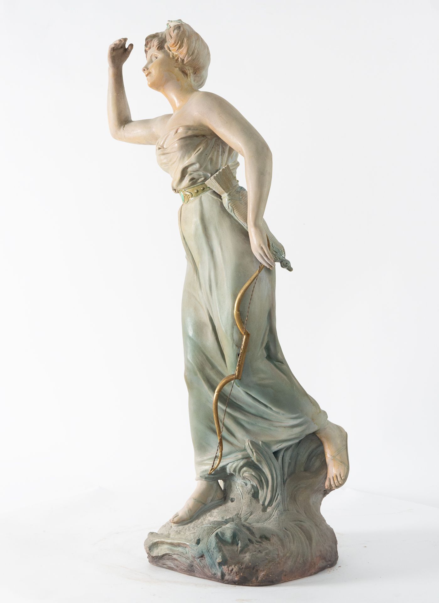 Diana the Huntress, Art Nouveau sculpture in glazed ceramic signed F. Gregoire, 20th century French  - Image 2 of 4