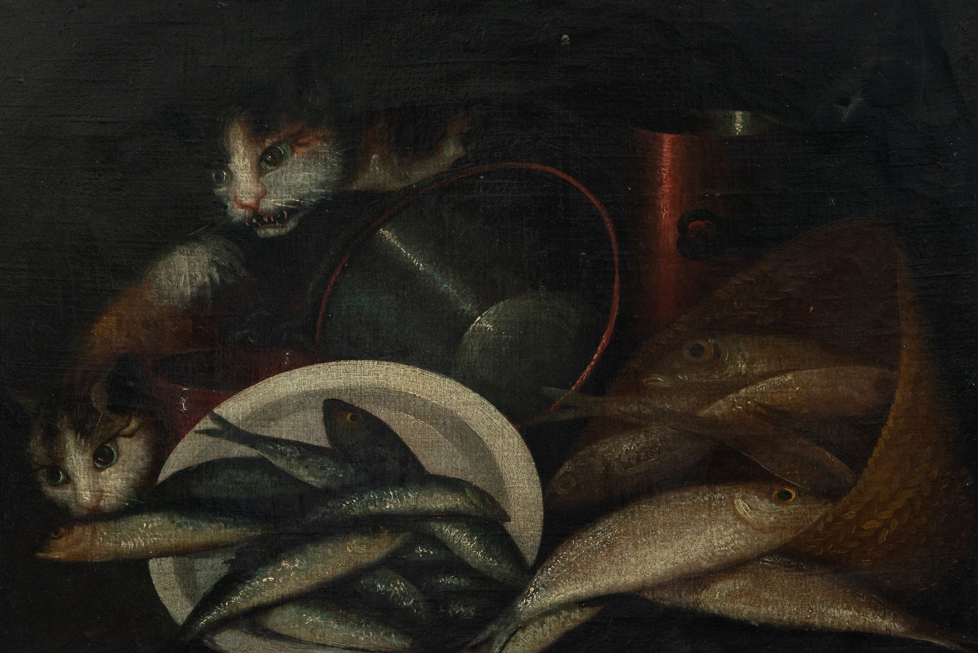 Pair of Still Lifes of Cat with Fish and Fruit, Italian school of the 18th - 19th century - Image 3 of 7