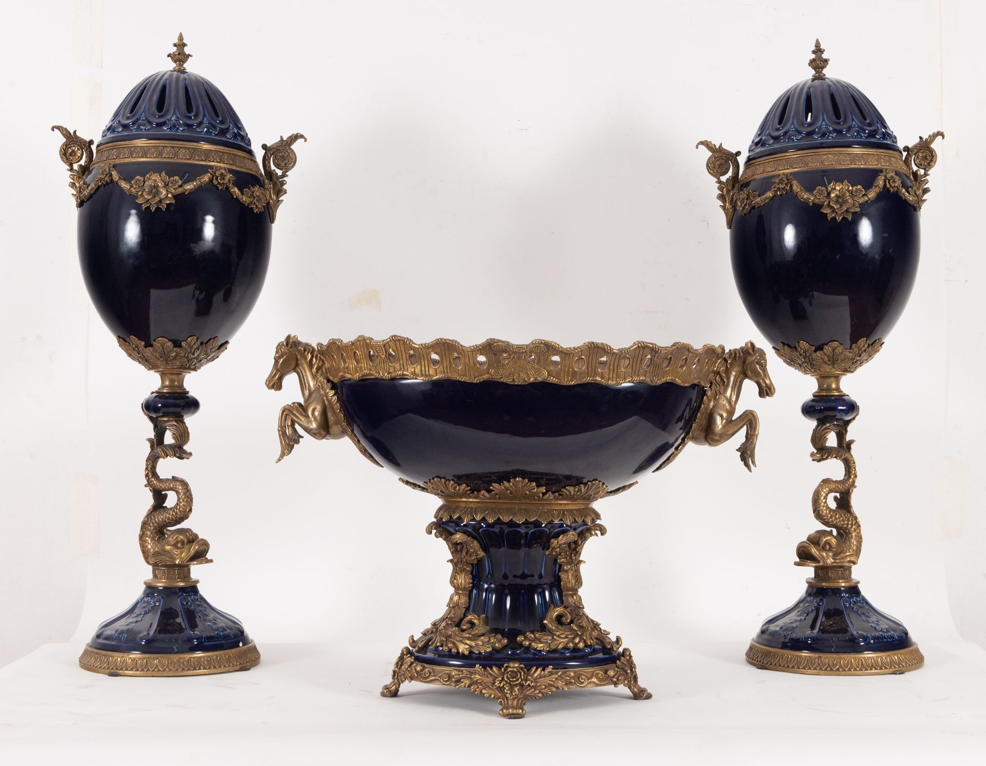 Louis XVI Style Faienza and gilt bronze garniture, 19th-20th century