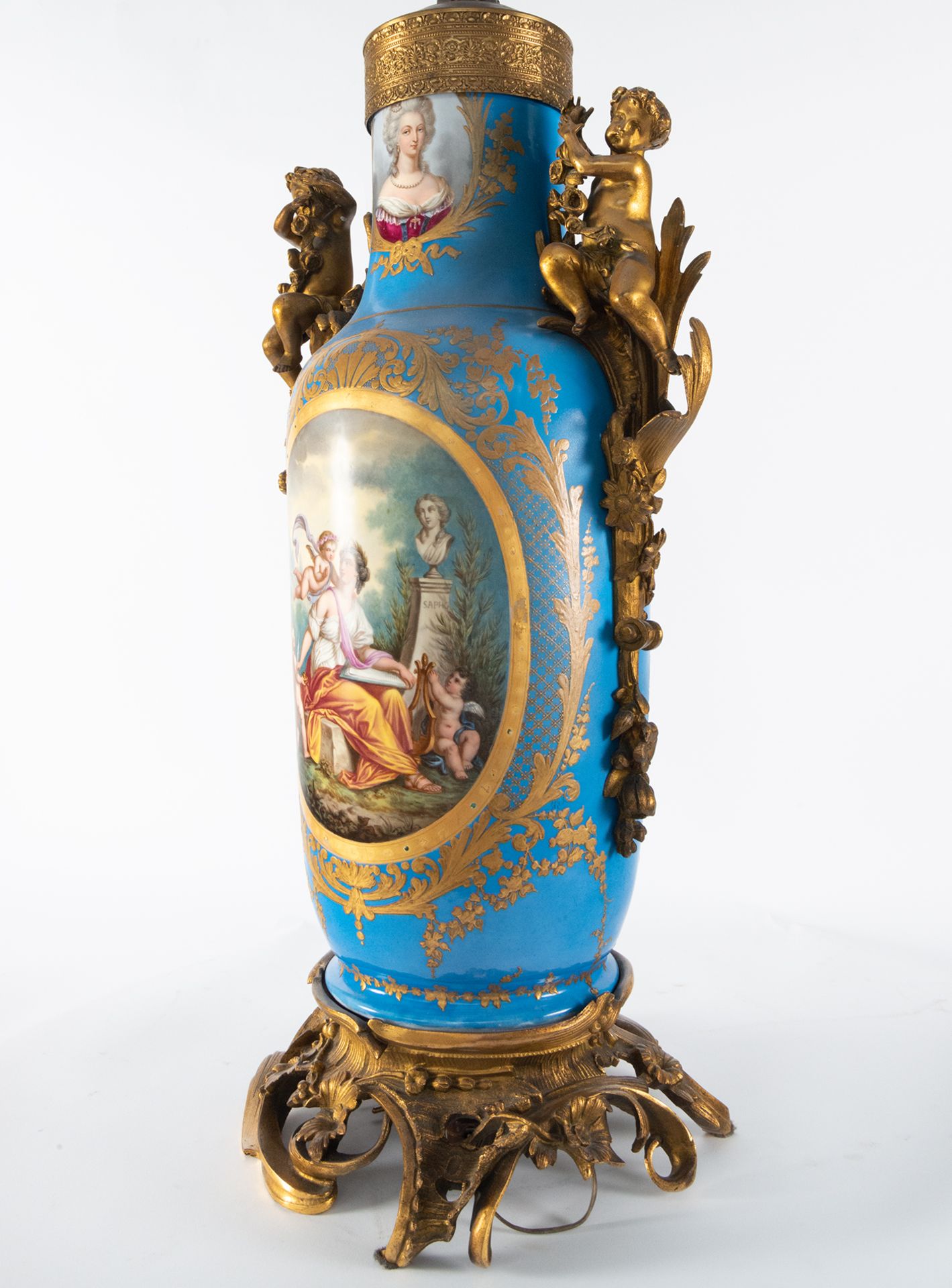 Important Large pair of "bleu celeste" Svres Vases mounted on lamps, French school of the 19th cent - Image 6 of 17