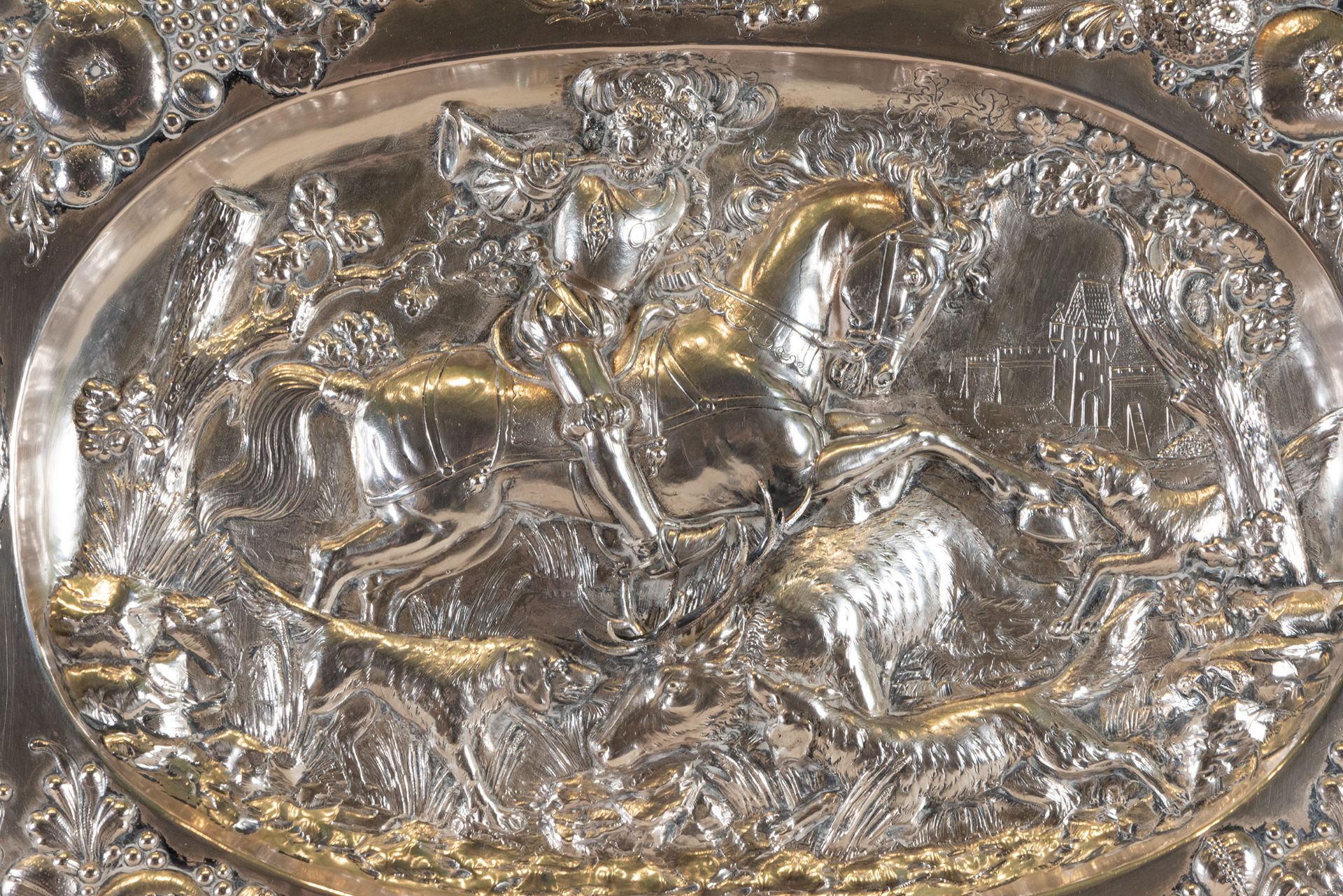 Large Pair of Sterling Silver Trays with Chivalry Motifs, Marks of England, 19th Century