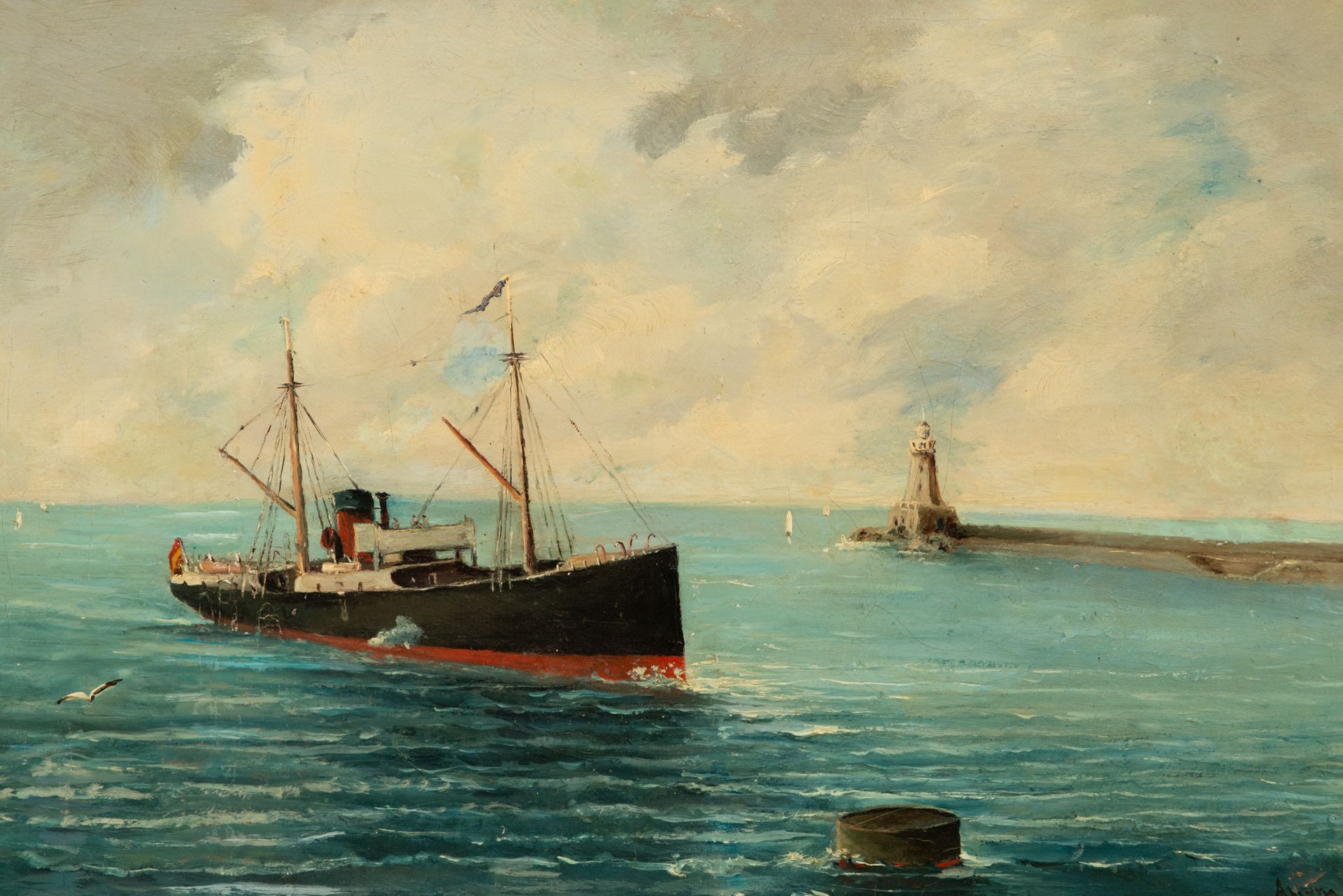 Steam Boat, signed Arjona, 1890, 19th century Spanish school - Image 2 of 5