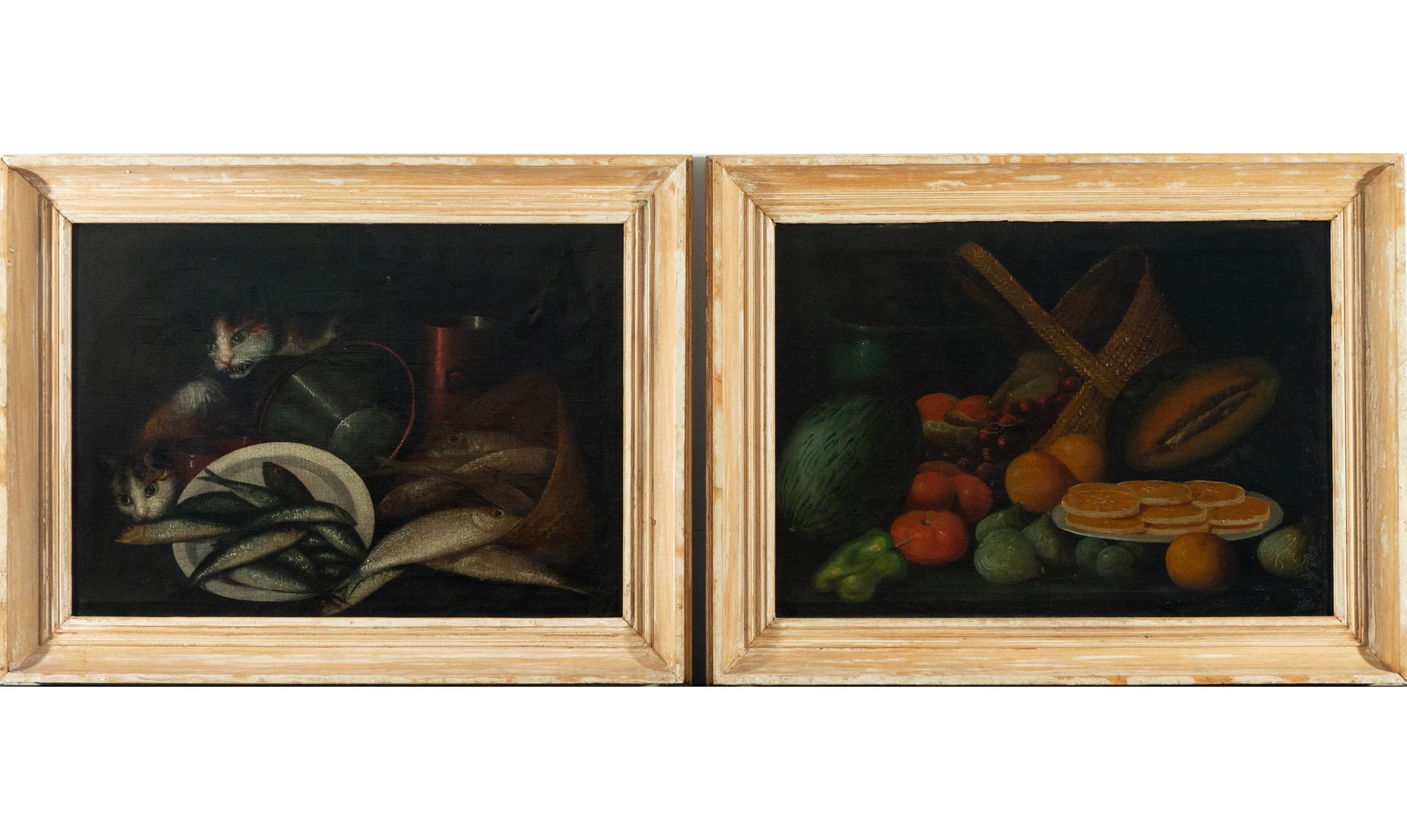 Pair of Still Lifes of Cat with Fish and Fruit, Italian school of the 18th - 19th century