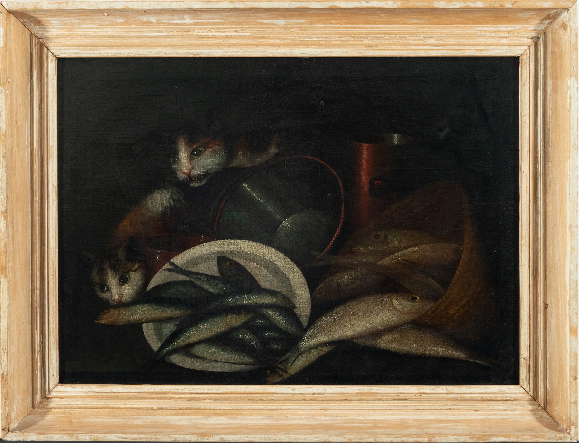 Pair of Still Lifes of Cat with Fish and Fruit, Italian school of the 18th - 19th century - Image 2 of 7