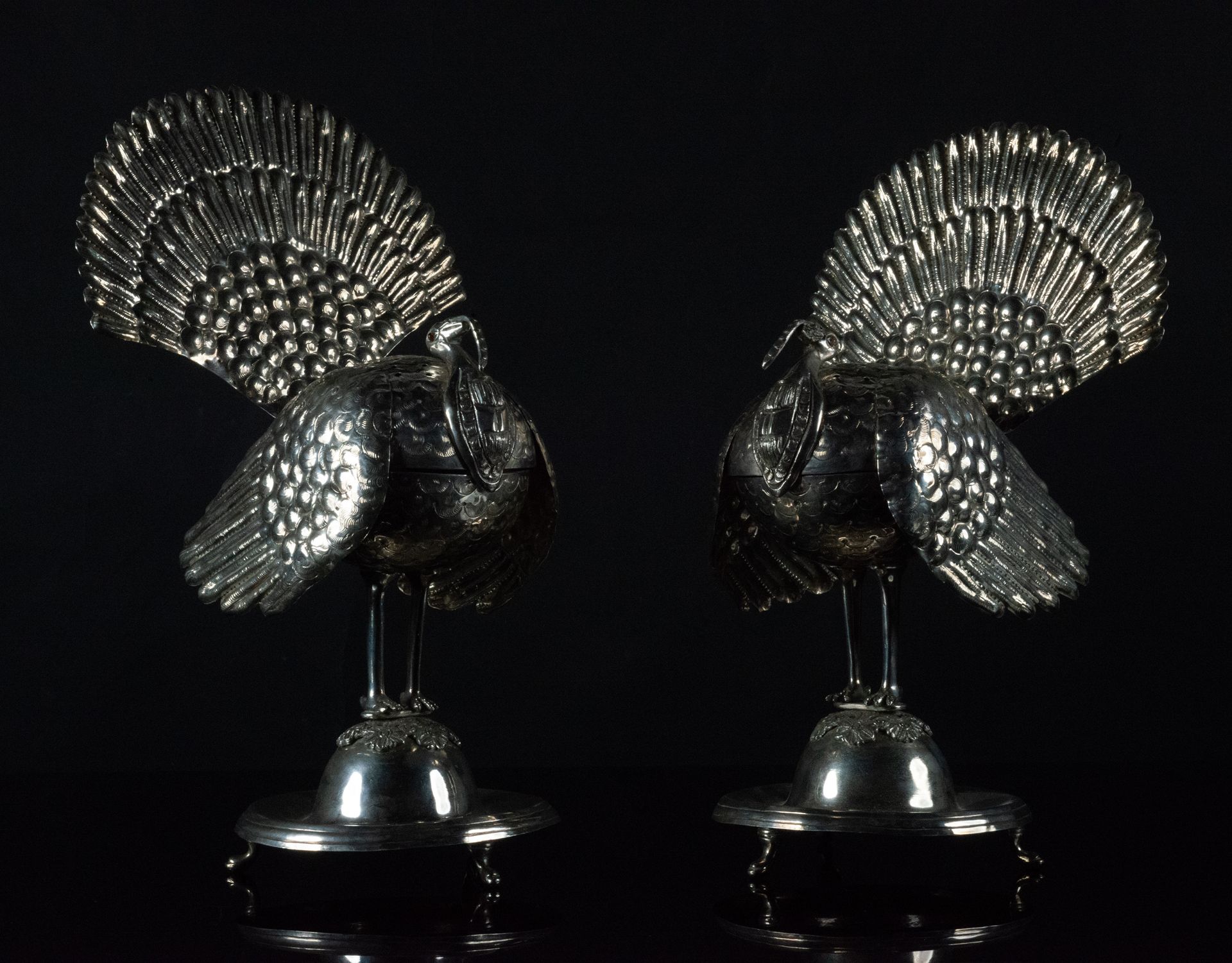 Pair of Peacock incense burners, colonial work, end of the 18th century

