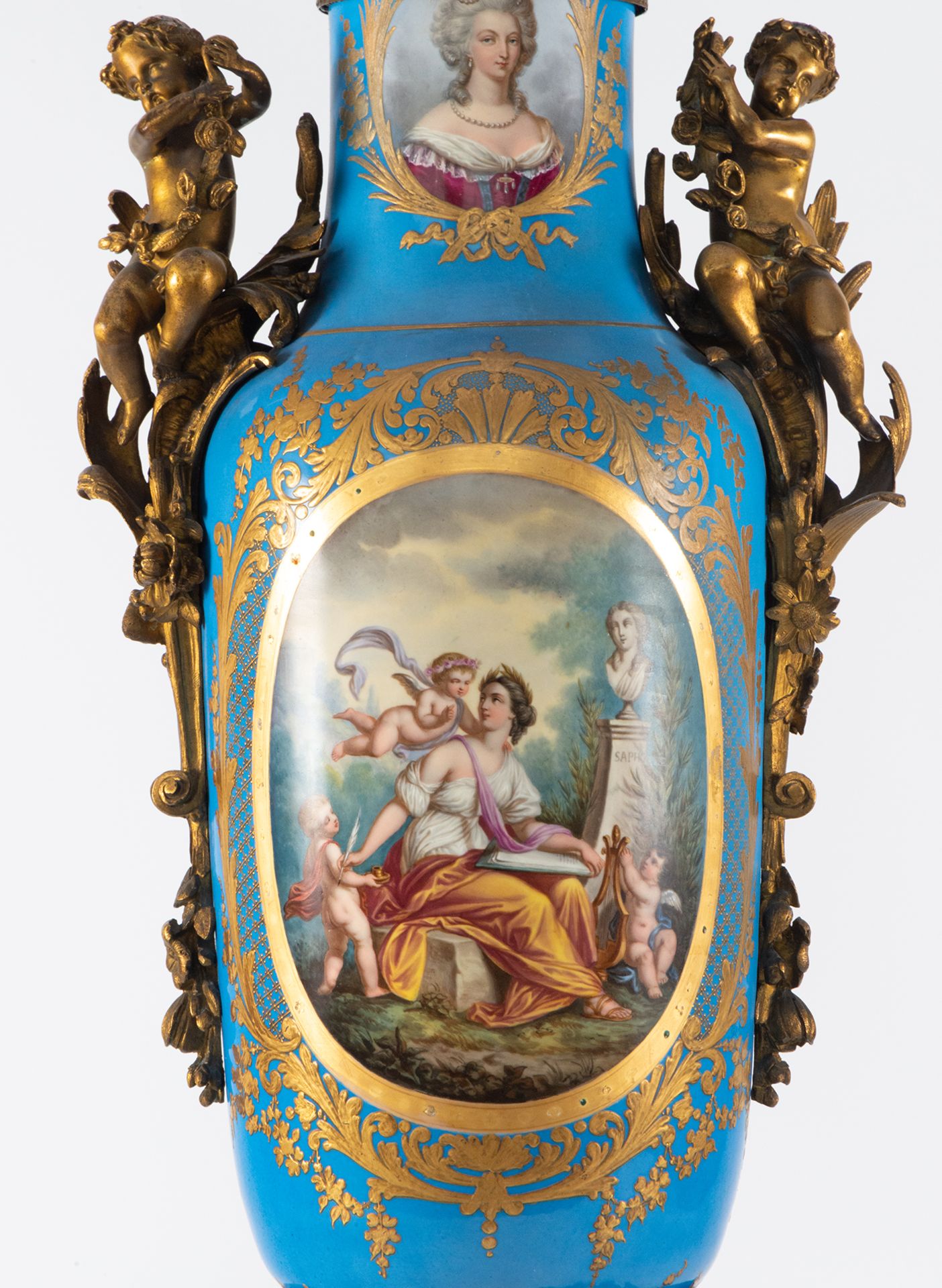 Important Large pair of "bleu celeste" Svres Vases mounted on lamps, French school of the 19th cent - Image 3 of 17