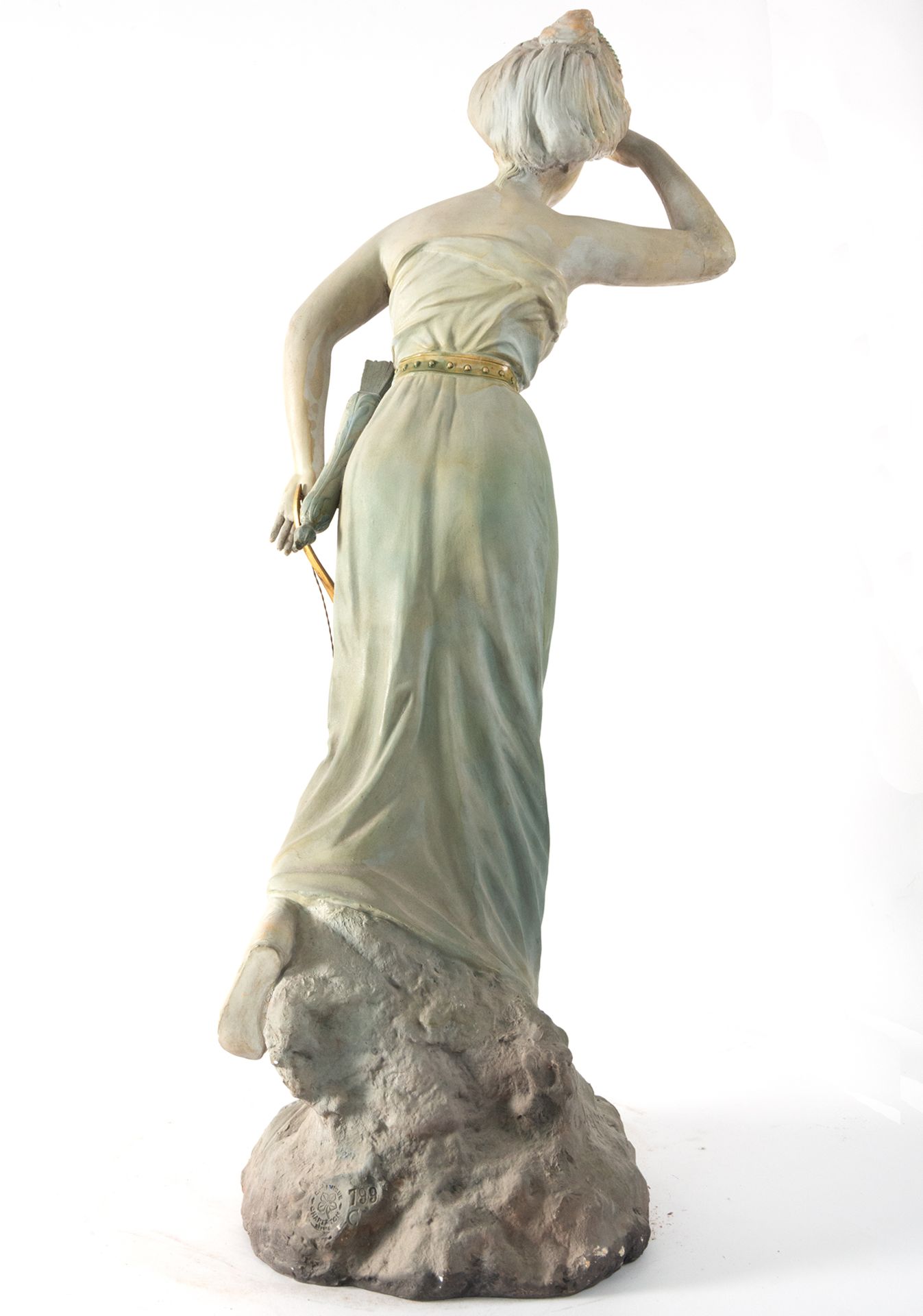 Diana the Huntress, Art Nouveau sculpture in glazed ceramic signed F. Gregoire, 20th century French  - Image 4 of 4