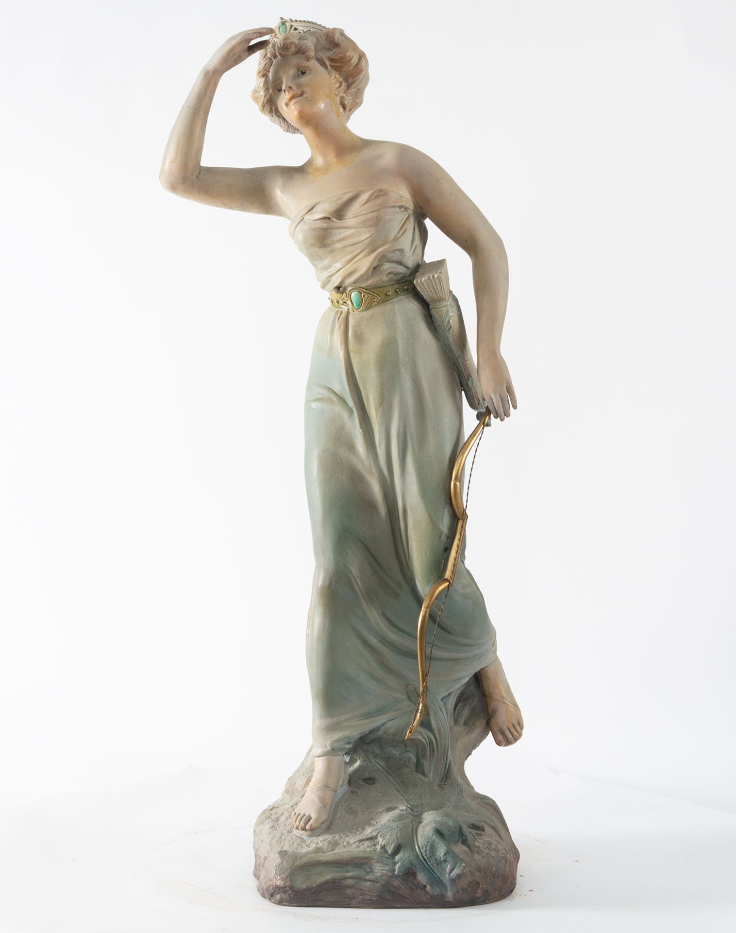 Diana the Huntress, Art Nouveau sculpture in glazed ceramic signed F. Gregoire, 20th century French 